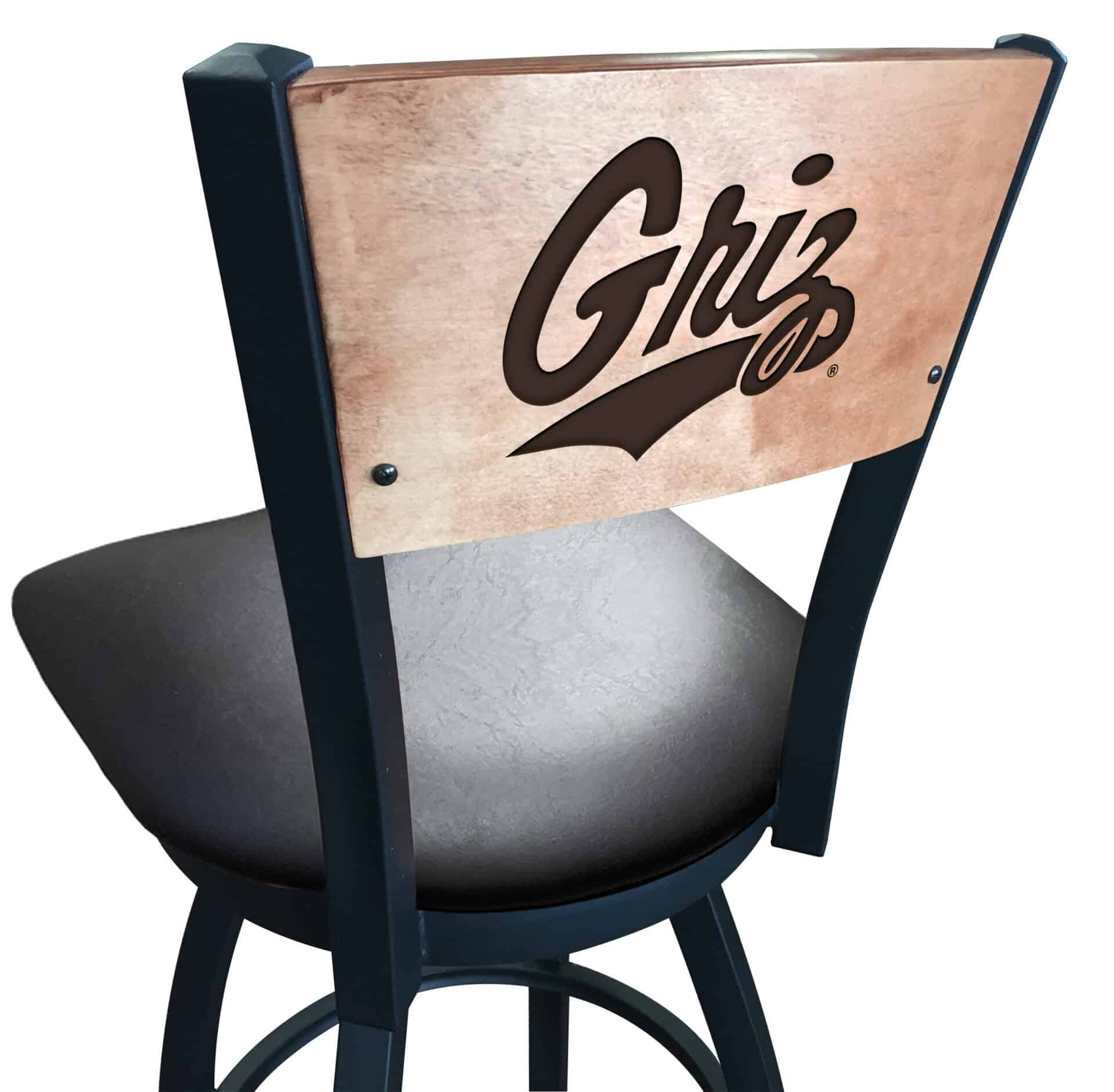 University of Montana 36-Inch Swivel Extra Tall Bar Stool w/ Black Wrinkle Finish, Solid Wood Back, 2.5-Inch Cushion Seat 1 University of Montana 36-Inch Swivel Extra Tall Bar Stool w/ Black Wrinkle Finish, Solid Wood Back, 2.5-Inch Cushion Seat