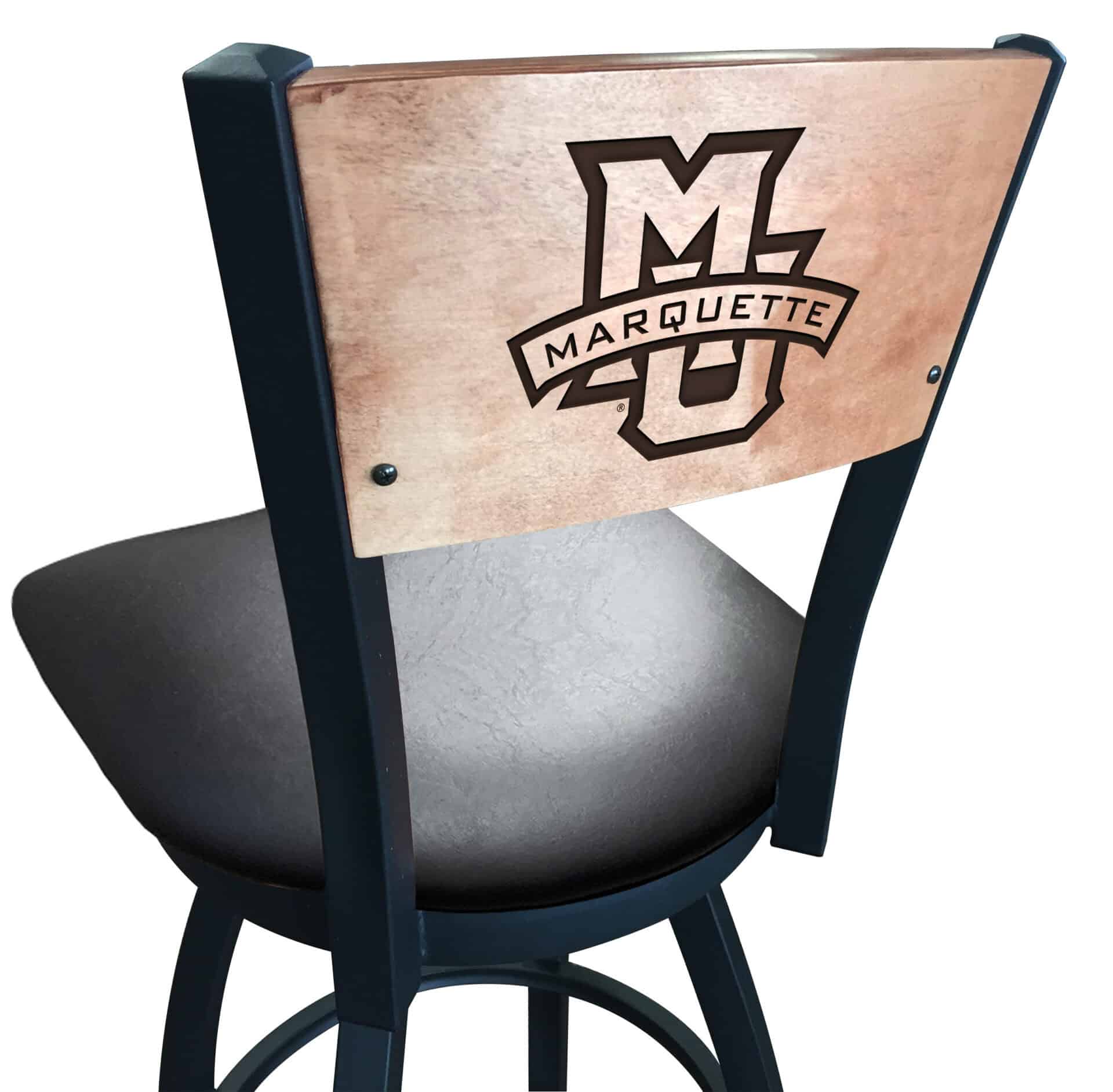 Marquette University 36-Inch Swivel Extra Tall Bar Stool w/ Black Wrinkle Finish, Solid Wood Back, 2.5-Inch Cushion Seat 1 Marquette University 36-Inch Swivel Extra Tall Bar Stool w/ Black Wrinkle Finish, Solid Wood Back, 2.5-Inch Cushion Seat
