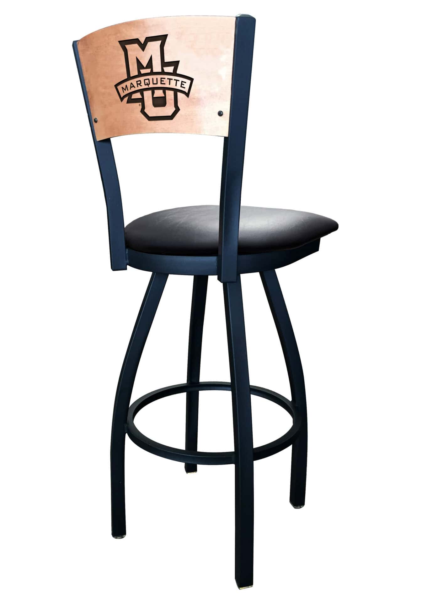 Marquette University 36-Inch Swivel Extra Tall Bar Stool w/ Black Wrinkle Finish, Solid Wood Back, 2.5-Inch Cushion Seat 2 Marquette University 36-Inch Swivel Extra Tall Bar Stool w/ Black Wrinkle Finish, Solid Wood Back, 2.5-Inch Cushion Seat - Image 2