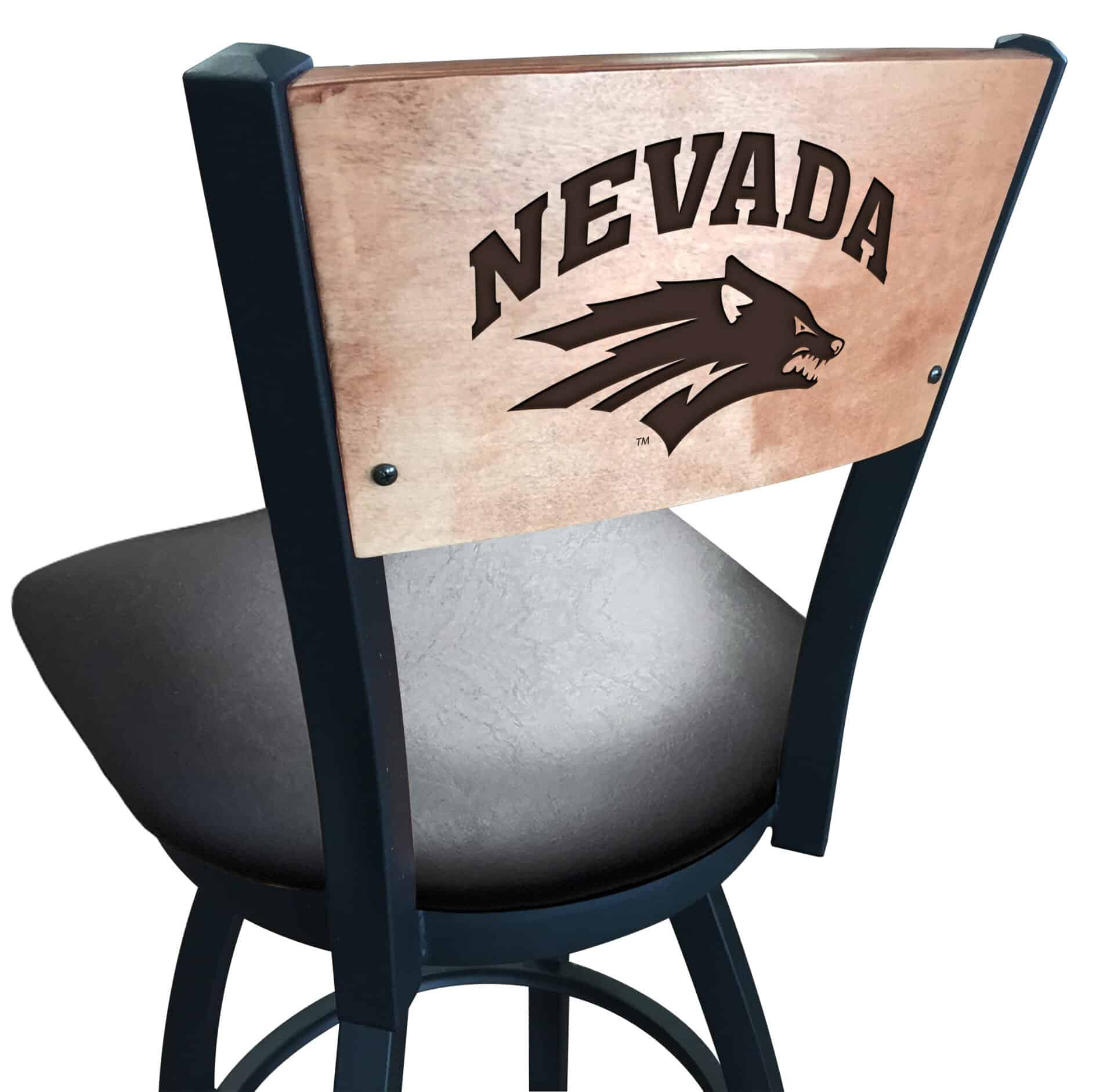 University of Nevada 36-Inch Swivel Extra Tall Bar Stool w/ Black Wrinkle Finish, Solid Wood Back, 2.5-Inch Cushion Seat 1 University of Nevada 36-Inch Swivel Extra Tall Bar Stool w/ Black Wrinkle Finish, Solid Wood Back, 2.5-Inch Cushion Seat