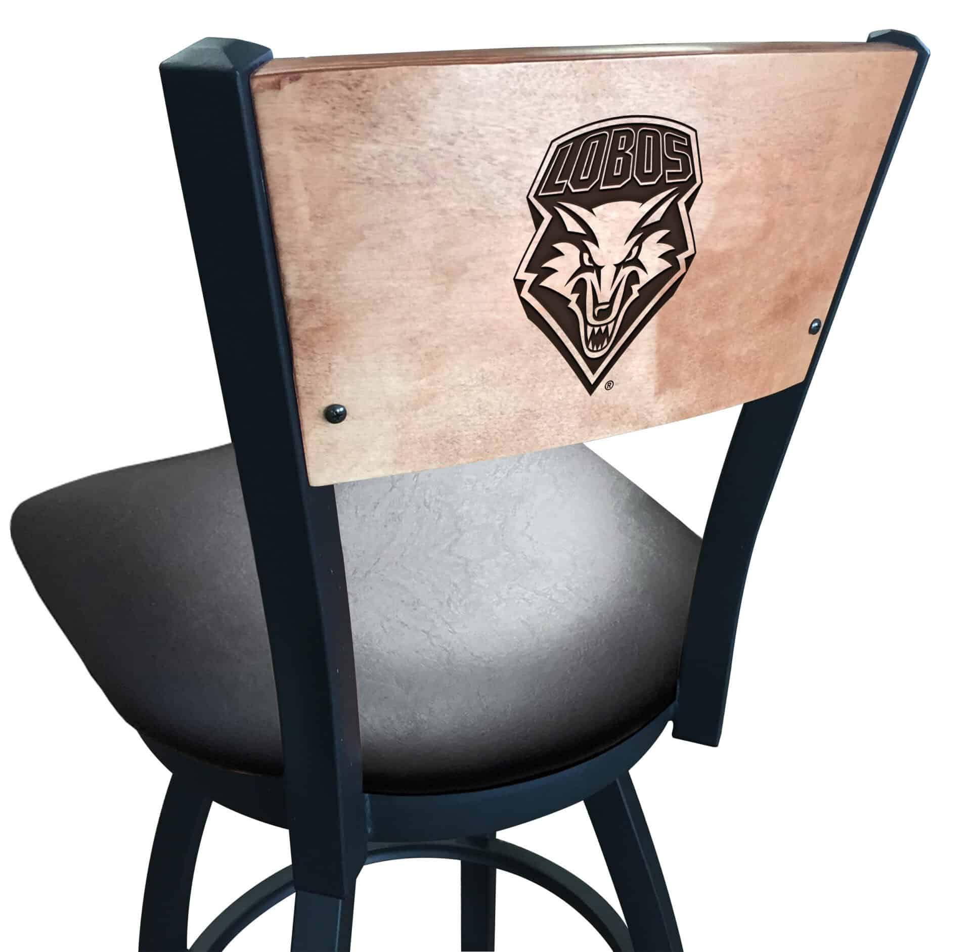 University of New Mexico 36-Inch Swivel Extra Tall Bar Stool w/ Black Wrinkle Finish, Solid Wood Back, 2.5-Inch Cushion Seat 1 University of New Mexico 36-Inch Swivel Extra Tall Bar Stool w/ Black Wrinkle Finish, Solid Wood Back, 2.5-Inch Cushion Seat