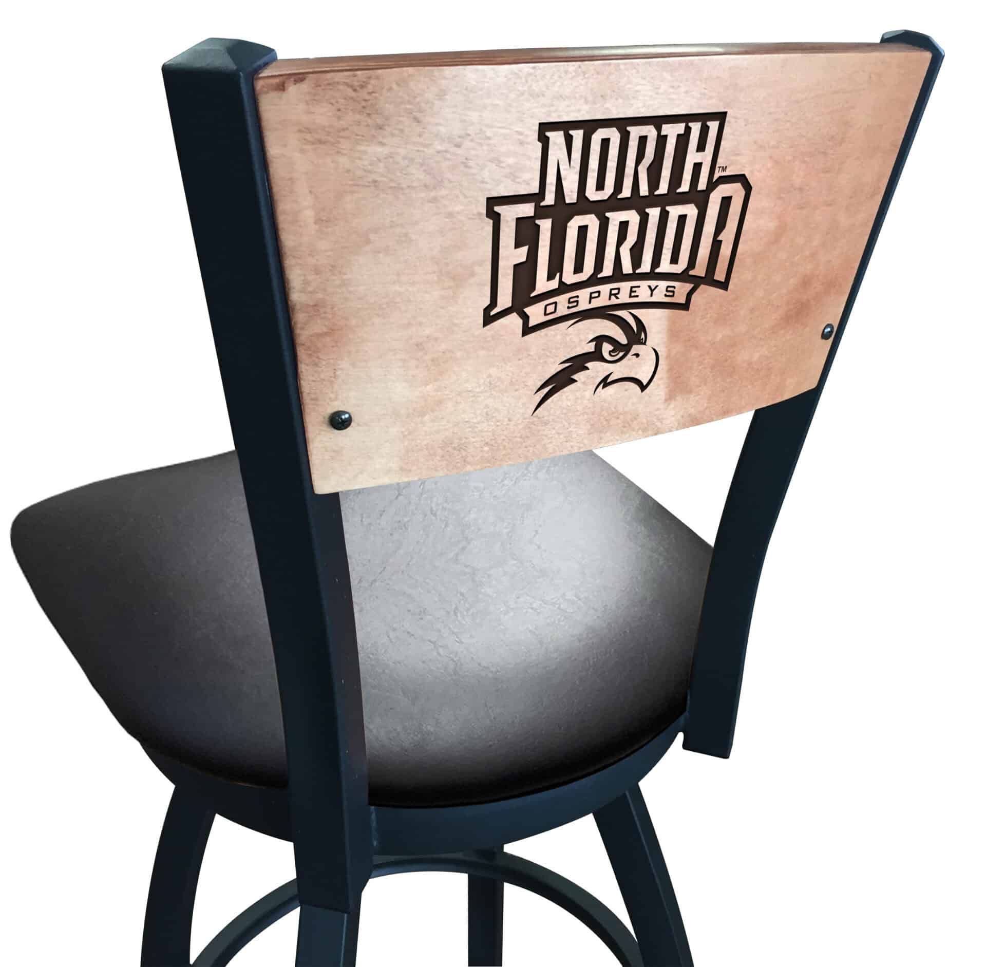 University of North Florida 36-Inch Swivel Extra Tall Bar Stool w/ Black Wrinkle Finish, Solid Wood Back, 2.5-Inch Cushion Seat 1 University of North Florida 36-Inch Swivel Extra Tall Bar Stool w/ Black Wrinkle Finish, Solid Wood Back, 2.5-Inch Cushion Seat