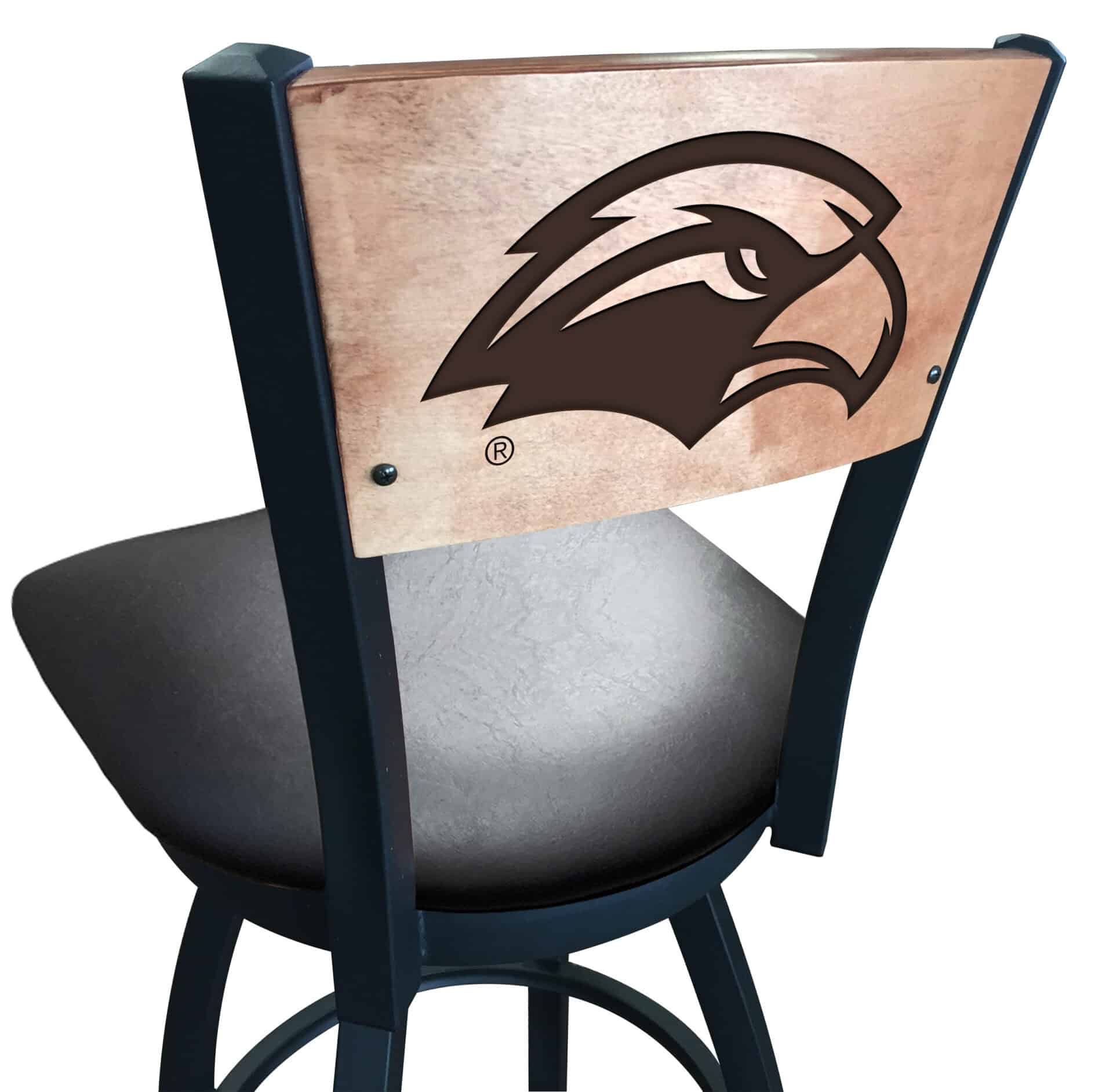 University of Southern Mississippi 36-Inch Swivel Extra Tall Bar Stool w/ Black Wrinkle Finish, Solid Wood Back, 2.5-Inch Cushion Seat 1 University of Southern Mississippi 36-Inch Swivel Extra Tall Bar Stool w/ Black Wrinkle Finish, Solid Wood Back, 2.5-Inch Cushion Seat