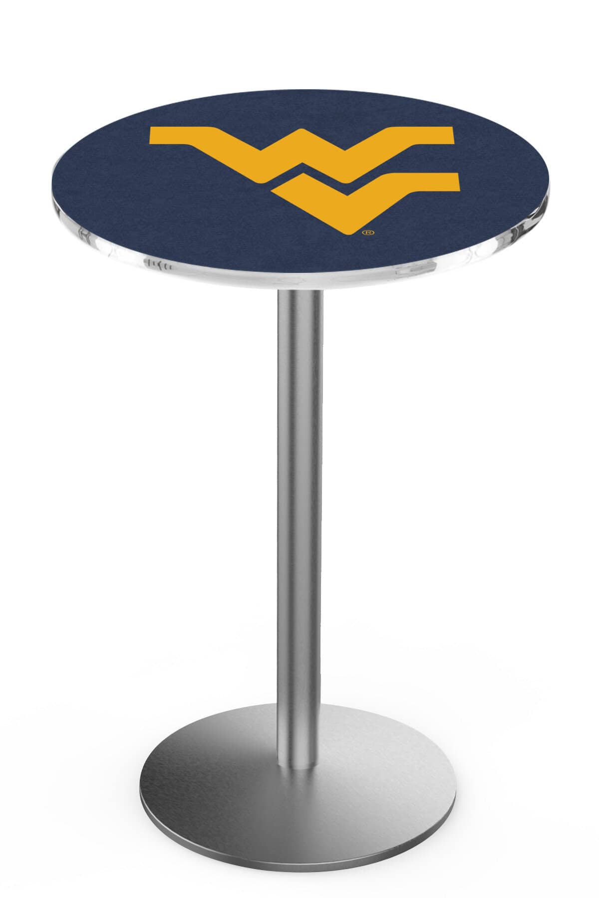 West Virginia University 42-Inch Pub Table with 36-Inch Top, Round Base Base, and Stainless Finish 1 West Virginia University 42-Inch Pub Table with 36-Inch Top, Round Base Base, and Stainless Finish