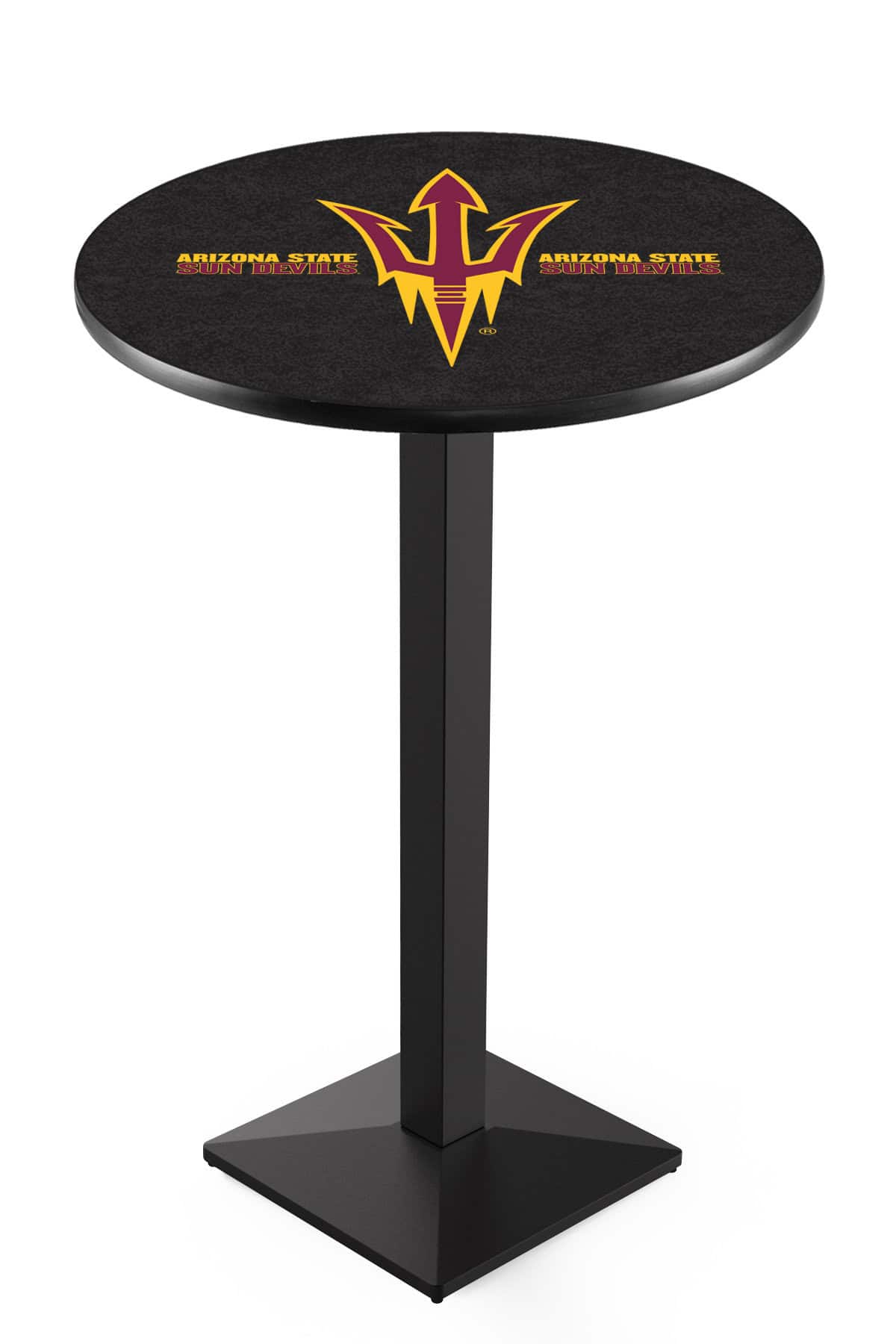 Arizona State University (Pitchfork) 36-Inch Pub Table with 36-Inch Top, Square Base Base, and Black Wrinkle Finish 1 Arizona State University (Pitchfork) 36-Inch Pub Table with 36-Inch Top, Square Base Base, and Black Wrinkle Finish