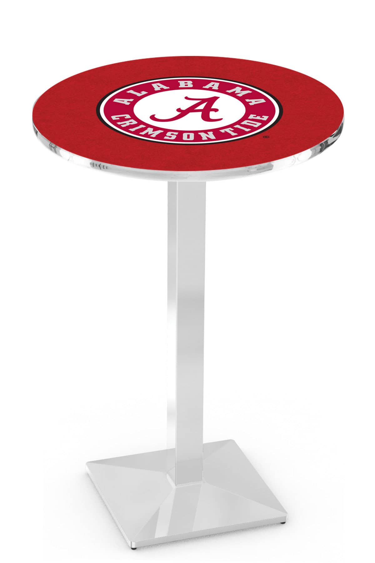 University of Alabama (Script A) 36-Inch Pub Table with 36-Inch Top, Square Base Base, and Chrome Finish 1 University of Alabama (Script A) 36-Inch Pub Table with 36-Inch Top, Square Base Base, and Chrome Finish