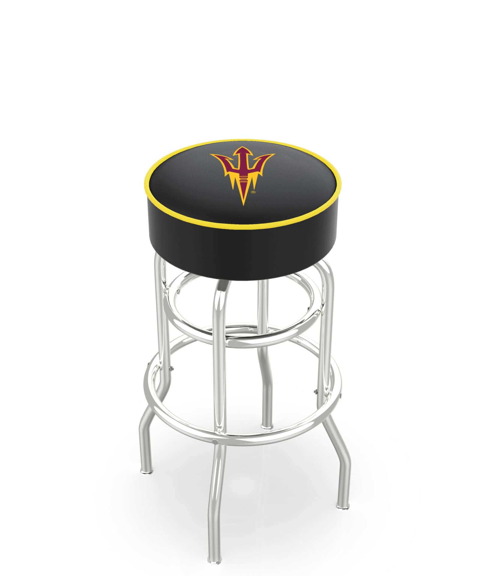 Arizona State University 25-Inch Swivel Backless Counter Stool w/ Chrome Finish, Double-Ring Base, Cushion Seat (Pitchfork Logo) 1 Arizona State University 25-Inch Swivel Backless Counter Stool w/ Chrome Finish, Double-Ring Base, Cushion Seat (Pitchfork Logo)