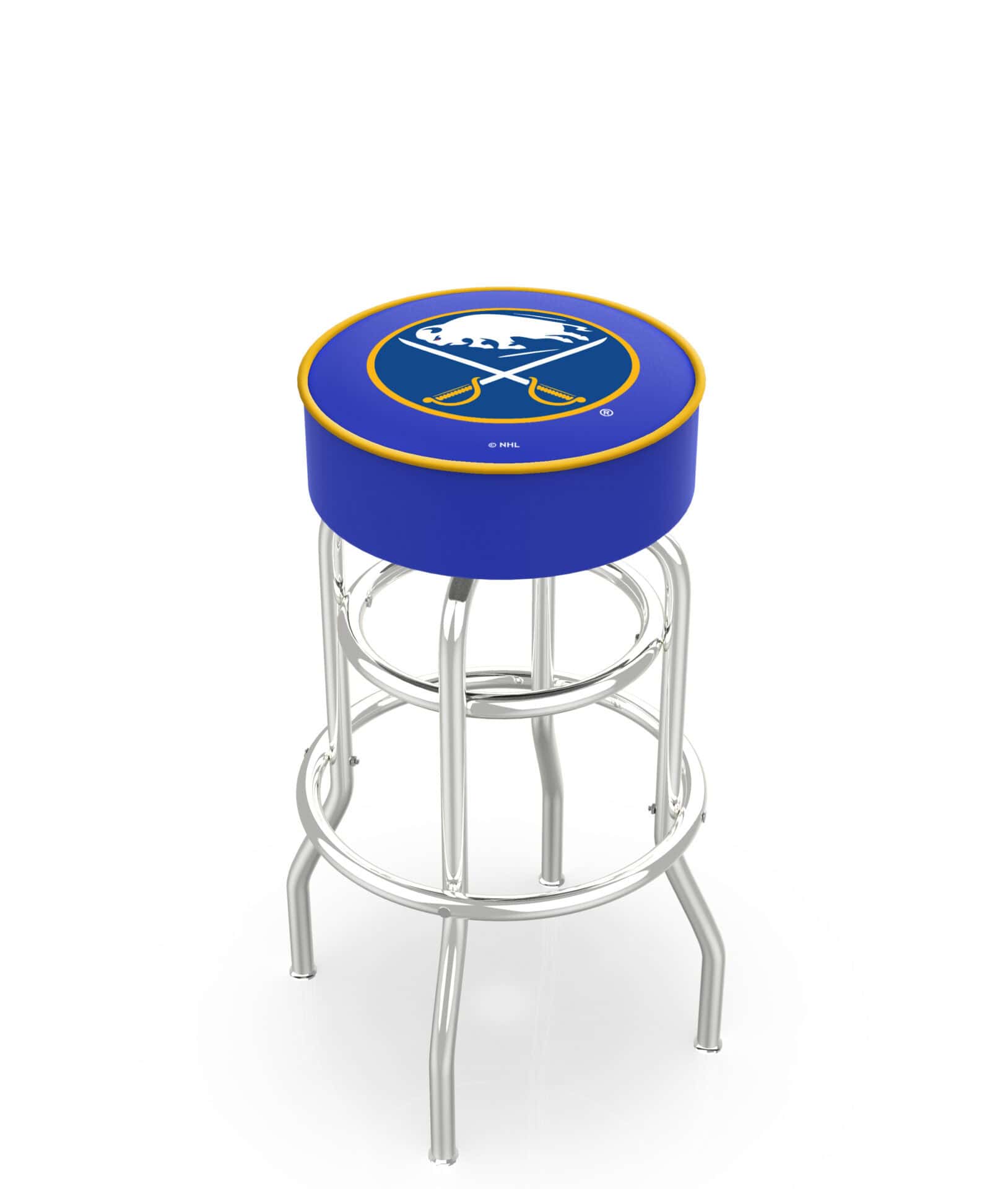 Buffalo Sabres 30-Inch Swivel Backless Bar Stool w/ Chrome Finish, Double-Ring Base, Cushion Seat 1 Buffalo Sabres 30-Inch Swivel Backless Bar Stool w/ Chrome Finish, Double-Ring Base, Cushion Seat