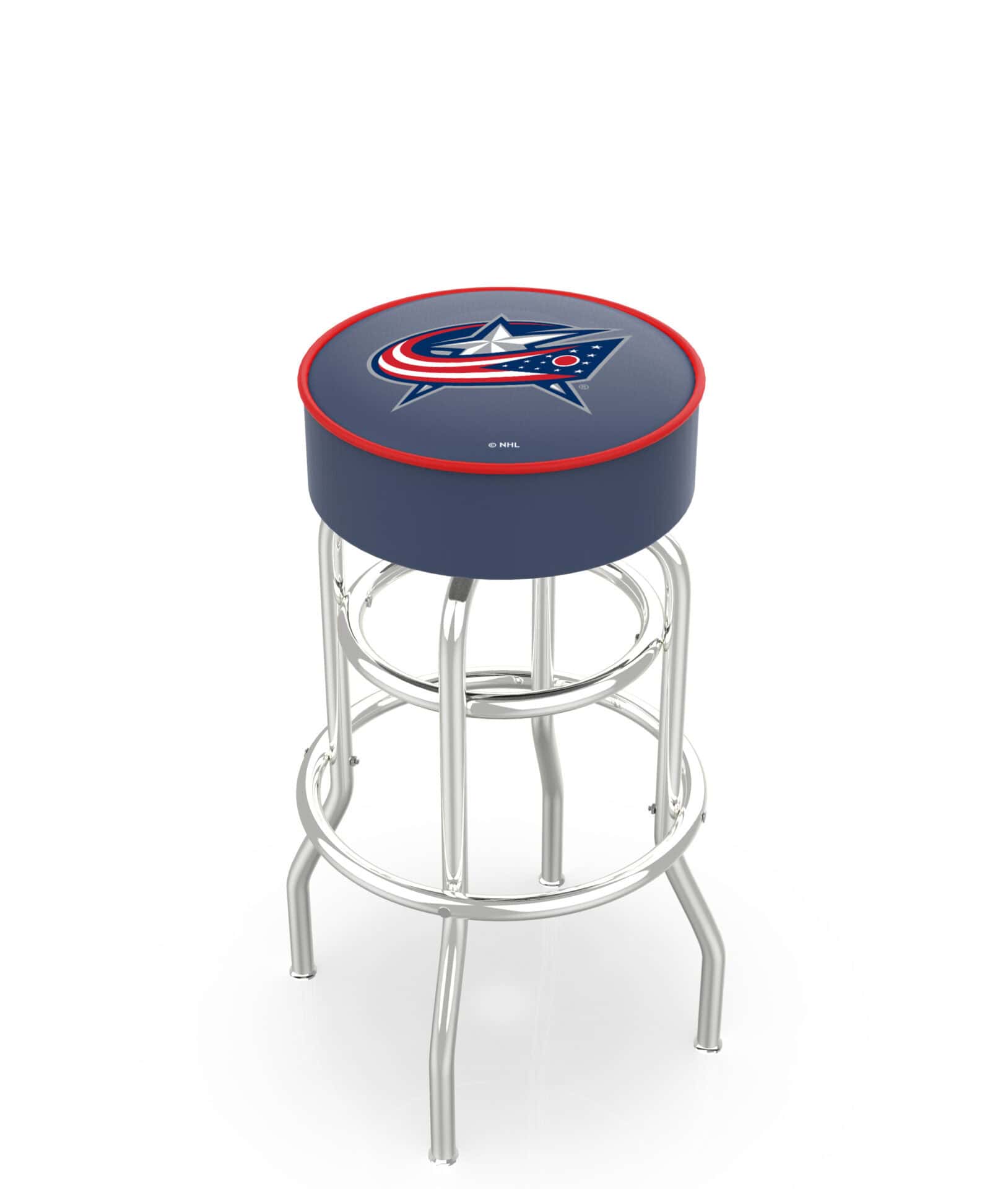 Columbus Blue Jackets 30-Inch Swivel Backless Bar Stool w/ Chrome Finish, Double-Ring Base, Cushion Seat 1 Columbus Blue Jackets 30-Inch Swivel Backless Bar Stool w/ Chrome Finish, Double-Ring Base, Cushion Seat