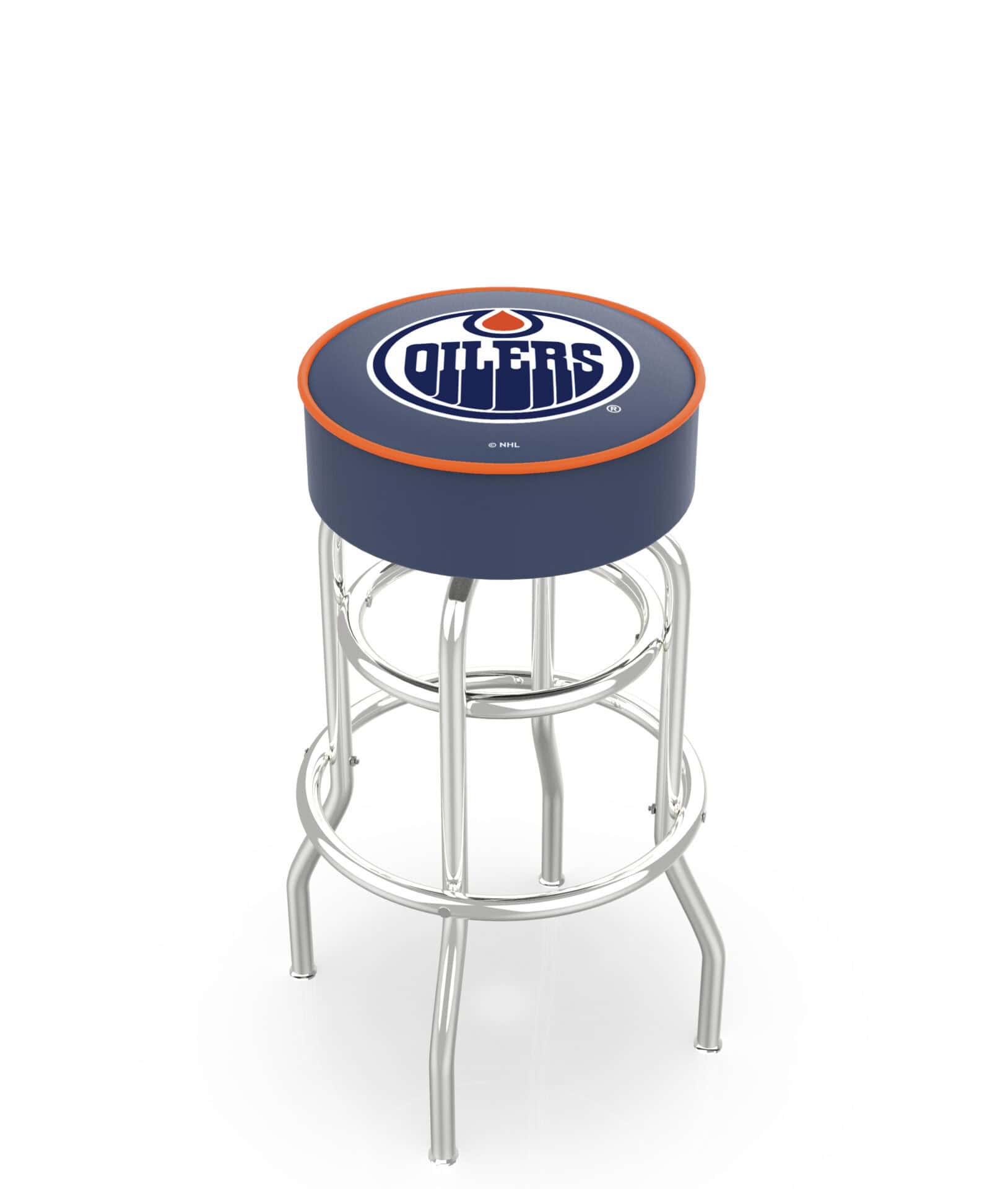 Edmonton Oilers 30-Inch Swivel Backless Bar Stool w/ Chrome Finish, Double-Ring Base, Cushion Seat 1 Edmonton Oilers 30-Inch Swivel Backless Bar Stool w/ Chrome Finish, Double-Ring Base, Cushion Seat