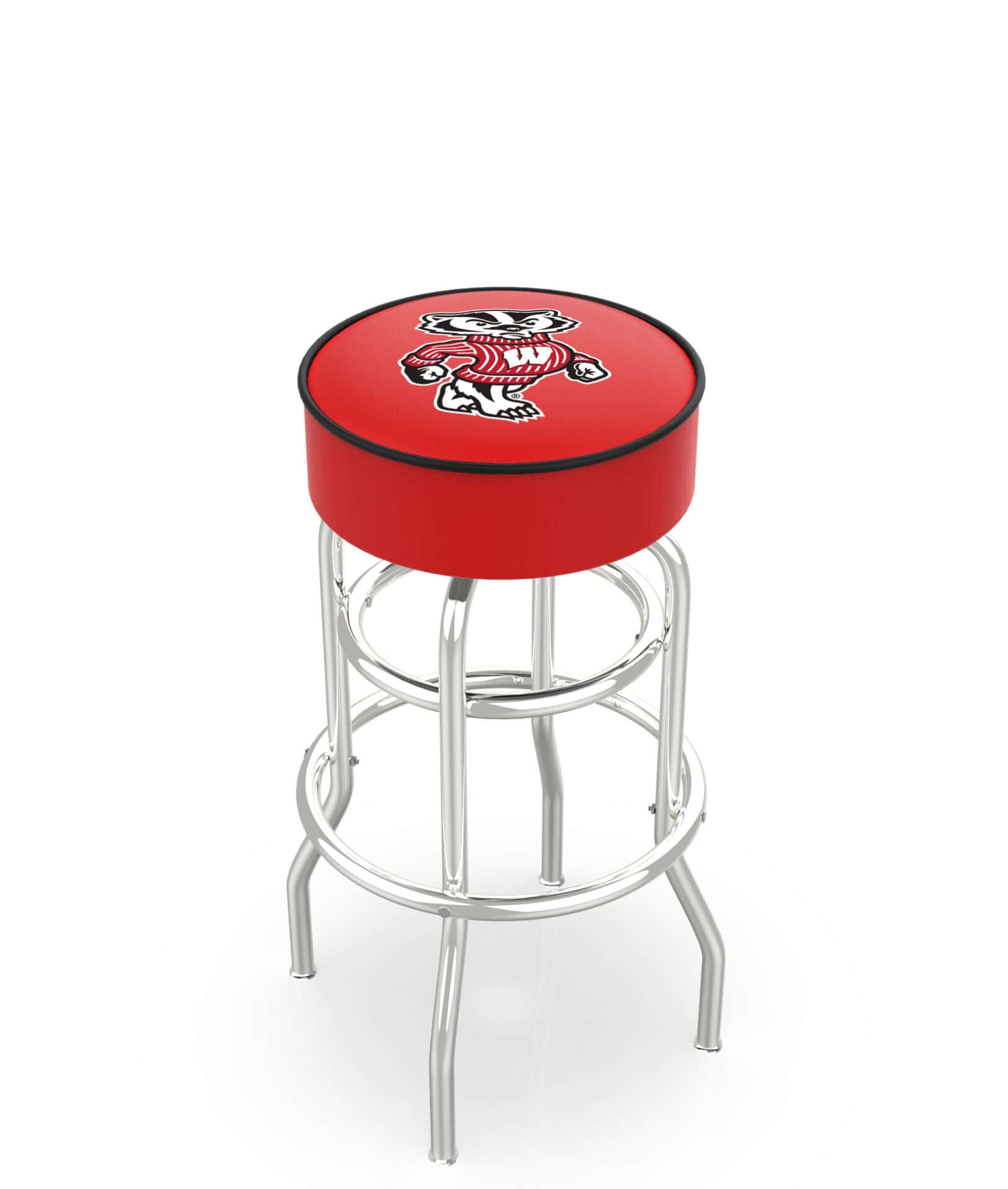 University of Wisconsin 25-Inch Swivel Backless Counter Stool w/ Chrome Finish, Double-Ring Base, Cushion Seat (Badger Logo) 1 University of Wisconsin 25-Inch Swivel Backless Counter Stool w/ Chrome Finish, Double-Ring Base, Cushion Seat (Badger Logo)