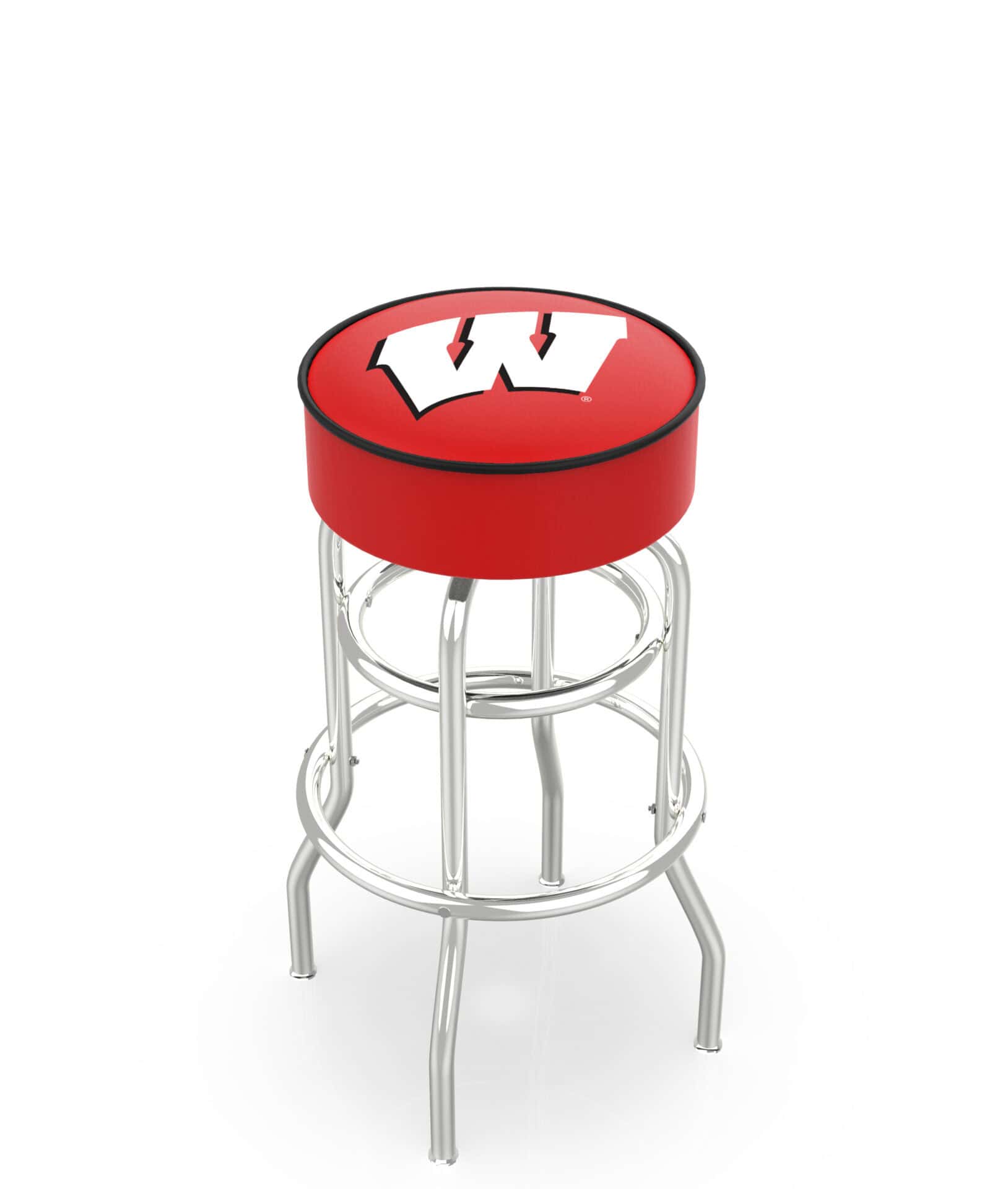 University of Wisconsin 25-Inch Swivel Backless Counter Stool w/ Chrome Finish, Double-Ring Base, Cushion Seat ("W" Logo) 1 University of Wisconsin 25-Inch Swivel Backless Counter Stool w/ Chrome Finish, Double-Ring Base, Cushion Seat ("W" Logo)