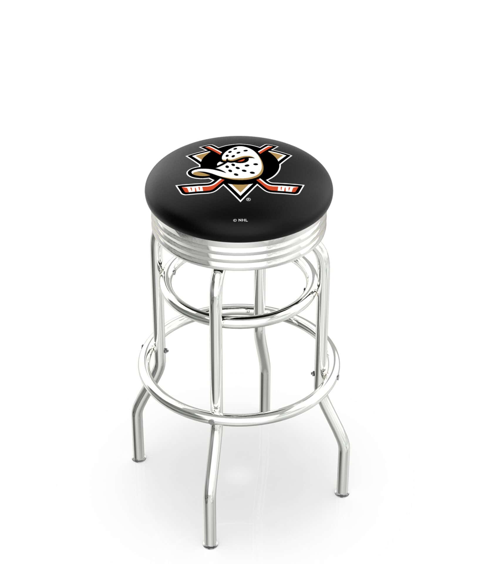 Anaheim Ducks 30-Inch Swivel Backless Bar Stool w/ Chrome Finish, Double-Ring Base, 2.75-Inch Chrome Ribbed Ring, 2.5-Inch Cushion Seat 1 Anaheim Ducks 30-Inch Swivel Backless Bar Stool w/ Chrome Finish, Double-Ring Base, 2.75-Inch Chrome Ribbed Ring, 2.5-Inch Cushion Seat