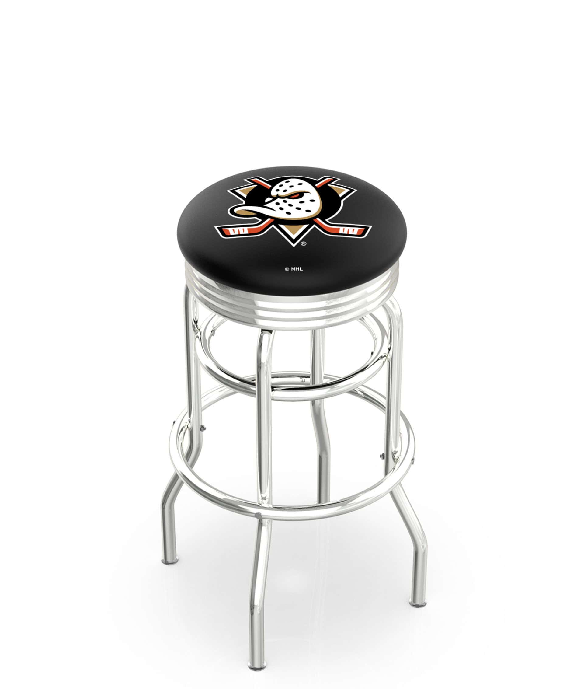 Anaheim Ducks 30-Inch Swivel Backless Bar Stool w/ Chrome Finish, Double-Ring Base, 2.75-Inch Chrome Ribbed Ring, 2.5-Inch Cushion Seat 3 Anaheim Ducks 30-Inch Swivel Backless Bar Stool w/ Chrome Finish, Double-Ring Base, 2.75-Inch Chrome Ribbed Ring, 2.5-Inch Cushion Seat