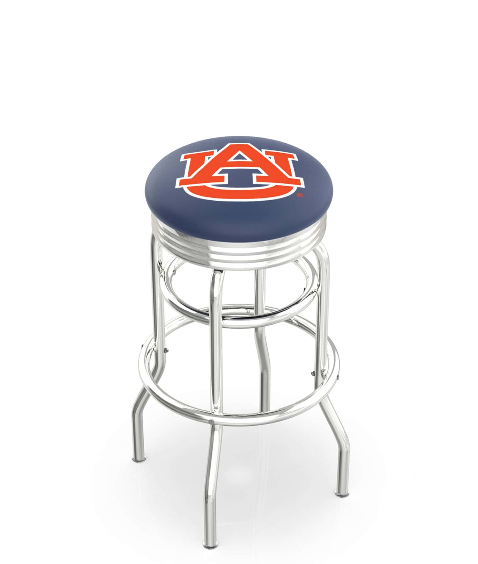 Auburn University 25-Inch Swivel Backless Counter Stool w/ Chrome Finish, Double-Ring Base, 2.75-Inch Chrome Ribbed Ring, 2.5-Inch Cushion Seat 1 Auburn University 25-Inch Swivel Backless Counter Stool w/ Chrome Finish, Double-Ring Base, 2.75-Inch Chrome Ribbed Ring, 2.5-Inch Cushion Seat