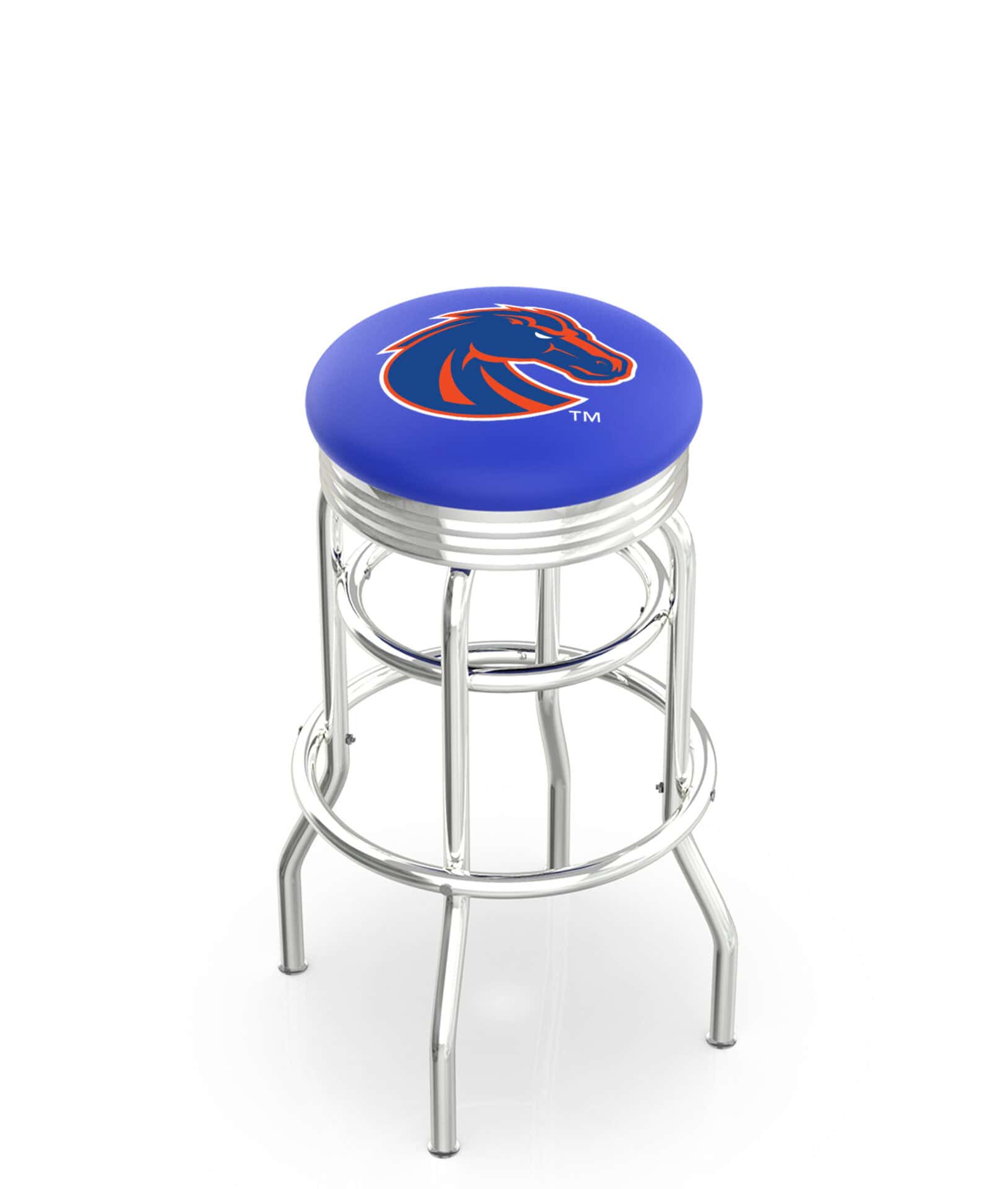 Boise State University 25-Inch Swivel Backless Counter Stool w/ Chrome Finish, Double-Ring Base, 2.75-Inch Chrome Ribbed Ring, 2.5-Inch Cushion Seat 1 Boise State University 25-Inch Swivel Backless Counter Stool w/ Chrome Finish, Double-Ring Base, 2.75-Inch Chrome Ribbed Ring, 2.5-Inch Cushion Seat