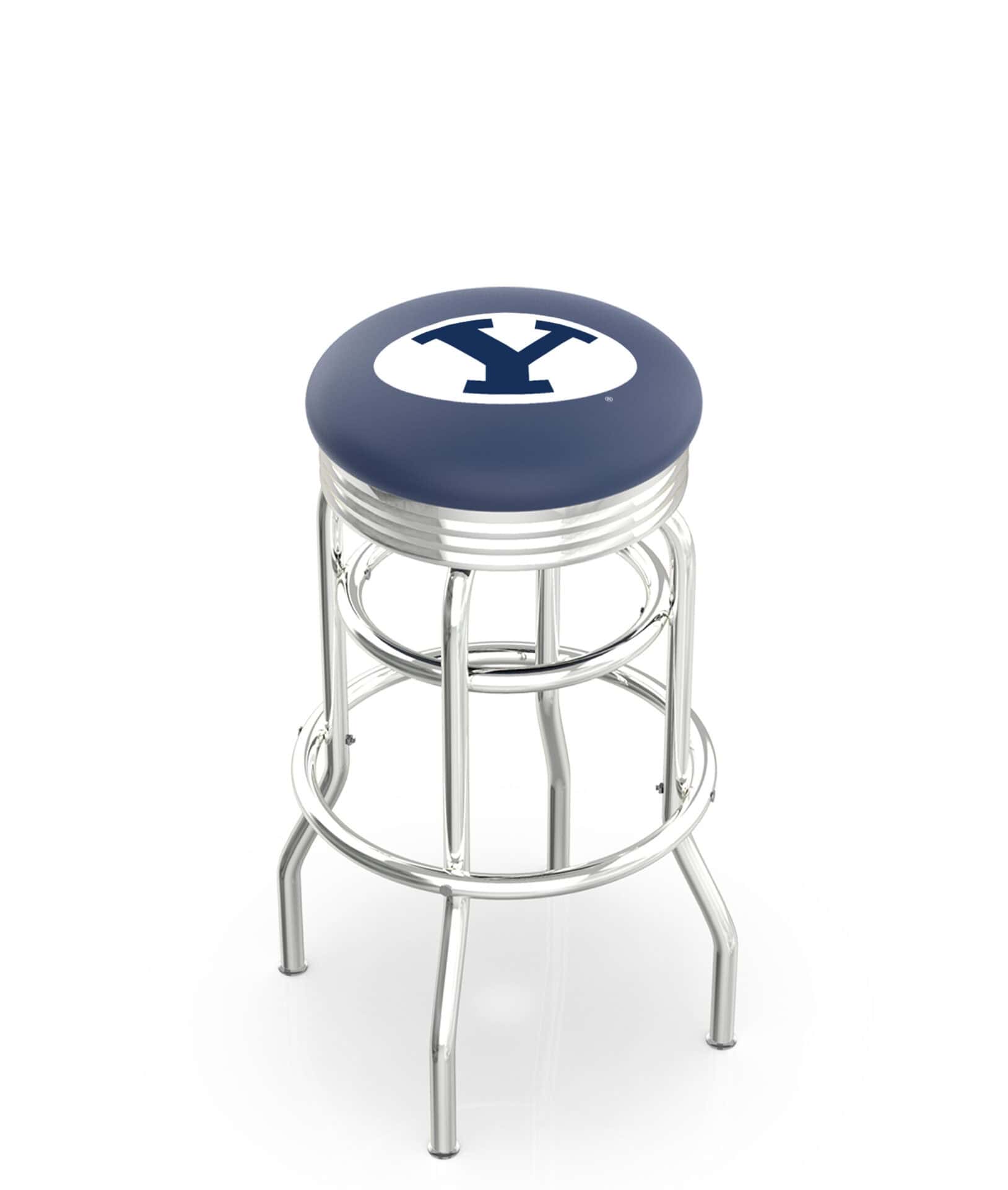 Brigham Young University 25-Inch Swivel Backless Counter Stool w/ Chrome Finish, Double-Ring Base, 2.75-Inch Chrome Ribbed Ring, 2.5-Inch Cushion Seat 1 Brigham Young University 25-Inch Swivel Backless Counter Stool w/ Chrome Finish, Double-Ring Base, 2.75-Inch Chrome Ribbed Ring, 2.5-Inch Cushion Seat