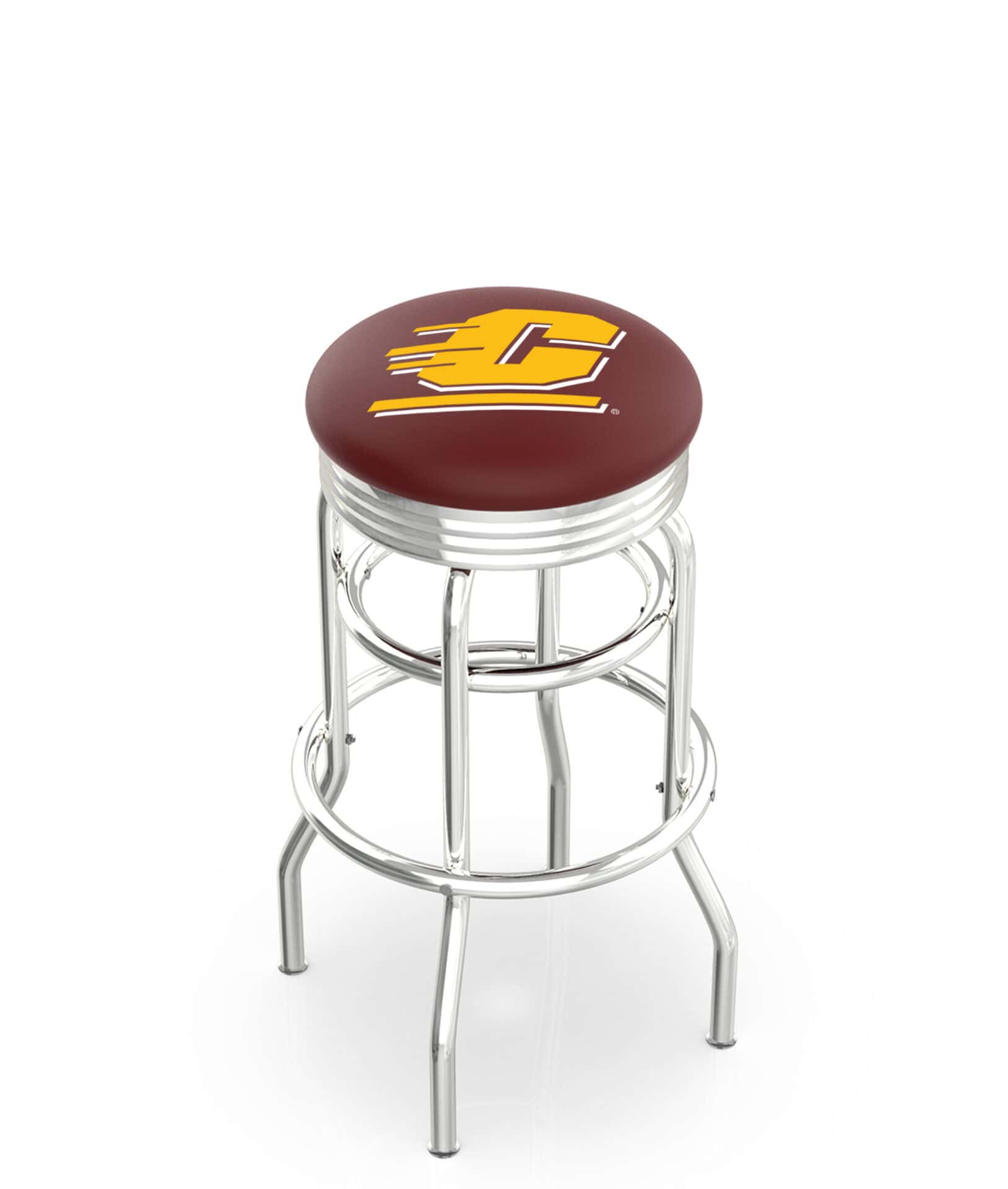 Central Michigan University 30-Inch Swivel Backless Bar Stool w/ Chrome Finish, Double-Ring Base, 2.75-Inch Chrome Ribbed Ring, 2.5-Inch Cushion Seat 1 Central Michigan University 30-Inch Swivel Backless Bar Stool w/ Chrome Finish, Double-Ring Base, 2.75-Inch Chrome Ribbed Ring, 2.5-Inch Cushion Seat