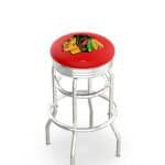 Chicago Blackhawks 30-Inch Swivel Backless Bar Stool w/ Chrome Finish, Double-Ring Base, 2.75-Inch Chrome Ribbed Ring, 2.5-Inch Cushion Seat