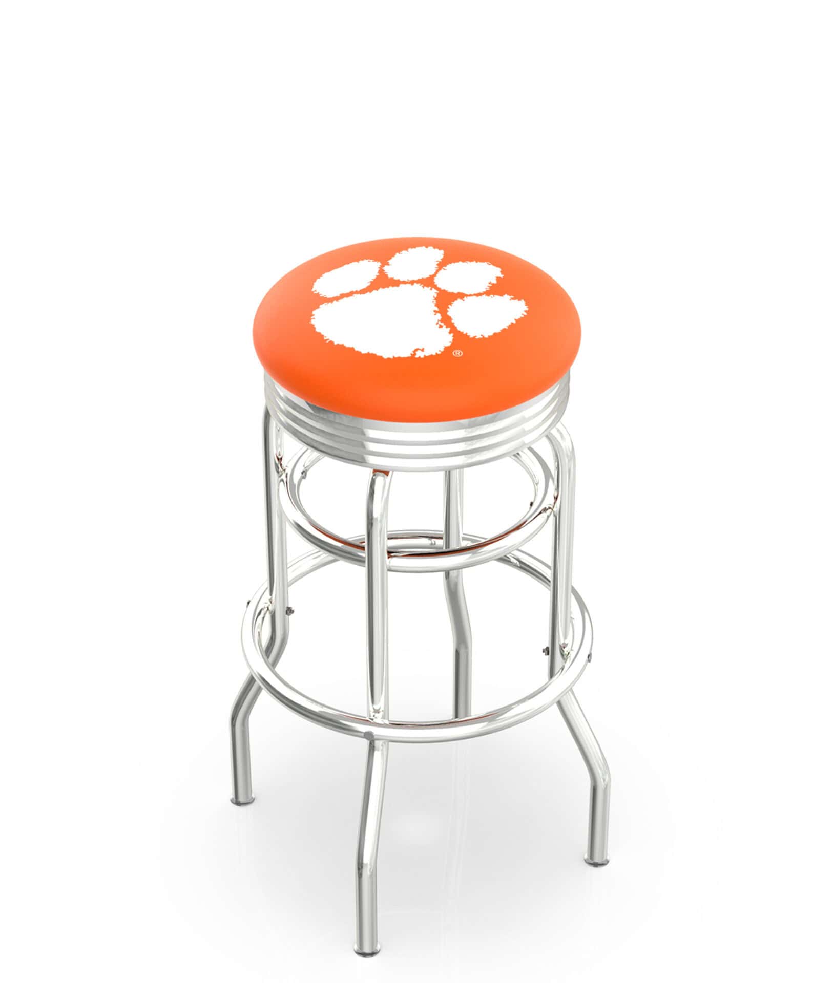 Clemson University 30-Inch Swivel Backless Bar Stool w/ Chrome Finish, Double-Ring Base, 2.75-Inch Chrome Ribbed Ring, 2.5-Inch Cushion Seat 1 Clemson University 30-Inch Swivel Backless Bar Stool w/ Chrome Finish, Double-Ring Base, 2.75-Inch Chrome Ribbed Ring, 2.5-Inch Cushion Seat