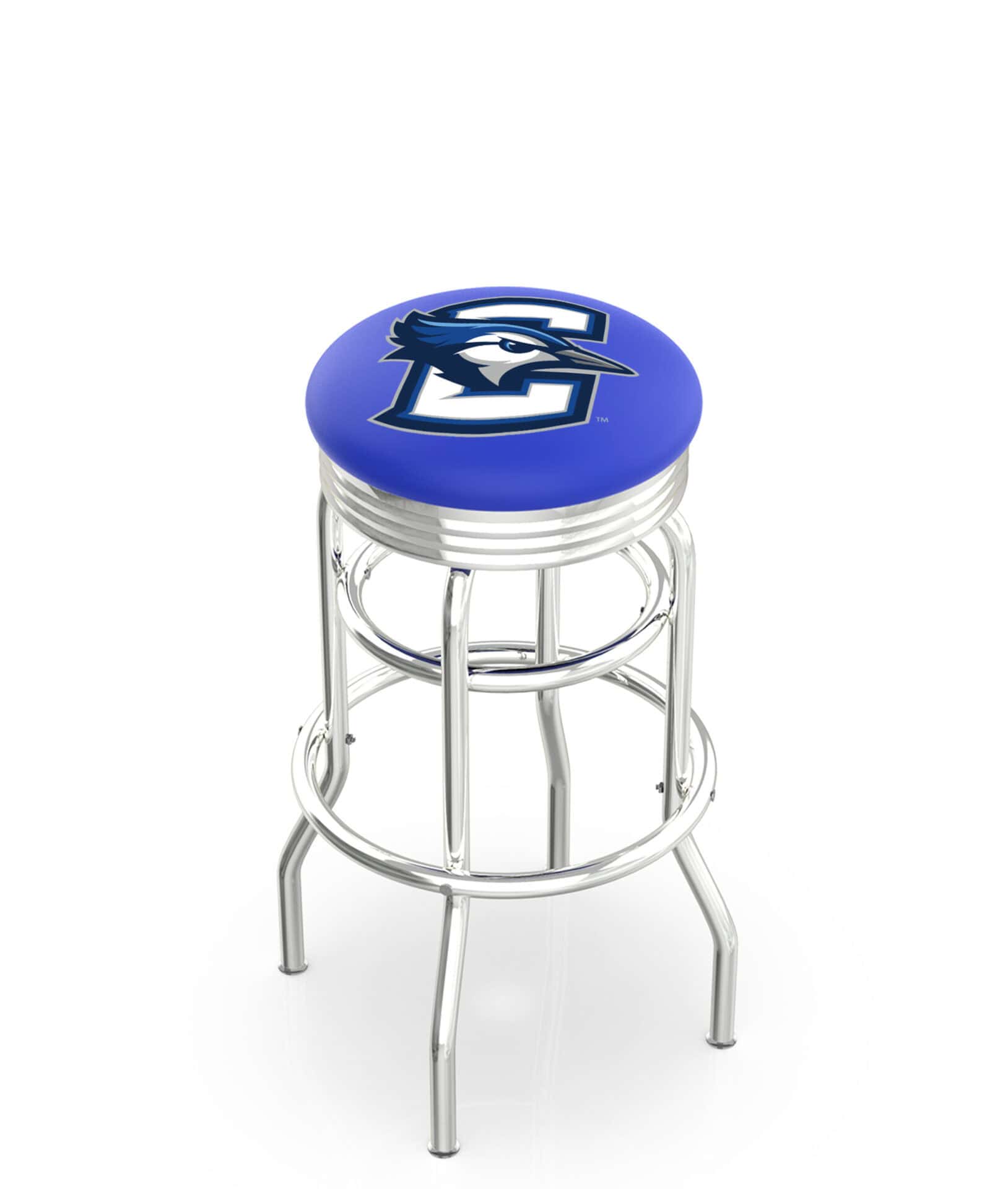 Creighton University 25-Inch Swivel Backless Counter Stool w/ Chrome Finish, Double-Ring Base, 2.75-Inch Chrome Ribbed Ring, 2.5-Inch Cushion Seat 1 Creighton University 25-Inch Swivel Backless Counter Stool w/ Chrome Finish, Double-Ring Base, 2.75-Inch Chrome Ribbed Ring, 2.5-Inch Cushion Seat