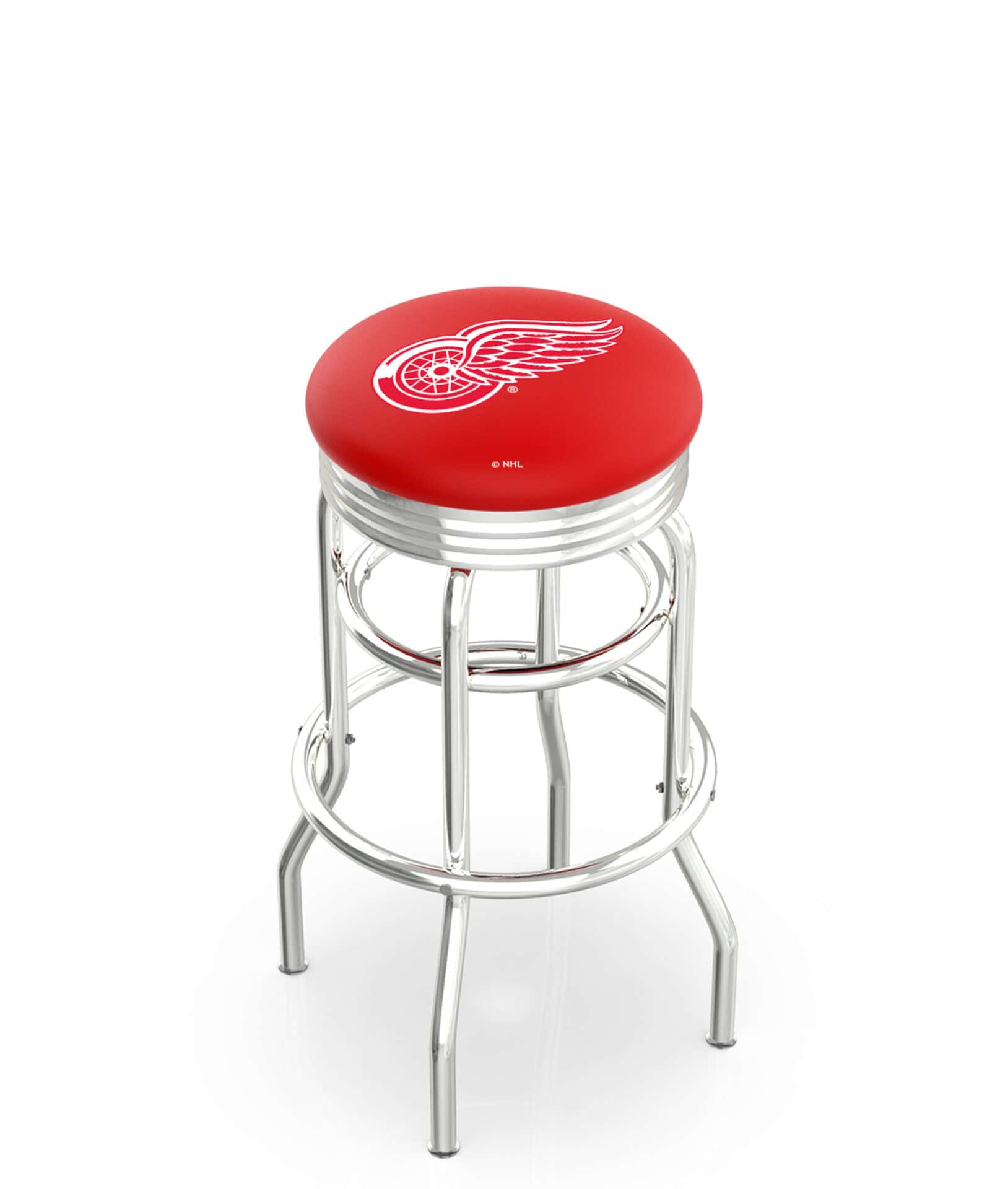 Detroit Red Wings 30-Inch Swivel Backless Bar Stool w/ Chrome Finish, Double-Ring Base, 2.75-Inch Chrome Ribbed Ring, 2.5-Inch Cushion Seat 1 Detroit Red Wings 30-Inch Swivel Backless Bar Stool w/ Chrome Finish, Double-Ring Base, 2.75-Inch Chrome Ribbed Ring, 2.5-Inch Cushion Seat