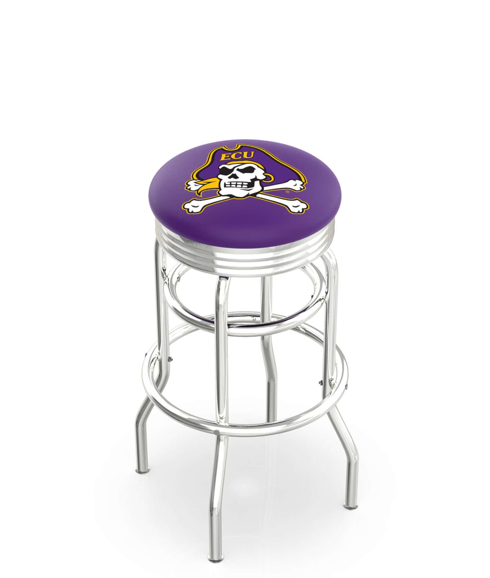 East Carolina University 25-Inch Swivel Backless Counter Stool w/ Chrome Finish, Double-Ring Base, 2.75-Inch Chrome Ribbed Ring, 2.5-Inch Cushion Seat 1 East Carolina University 25-Inch Swivel Backless Counter Stool w/ Chrome Finish, Double-Ring Base, 2.75-Inch Chrome Ribbed Ring, 2.5-Inch Cushion Seat