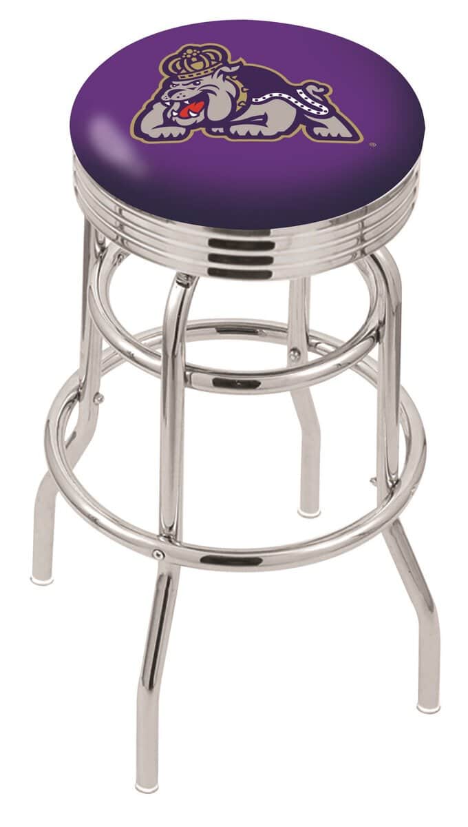 James Madison University 25-Inch Swivel Backless Counter Stool w/ Chrome Finish, Double-Ring Base, 2.75-Inch Chrome Ribbed Ring, 2.5-Inch Cushion Seat 1 James Madison University 25-Inch Swivel Backless Counter Stool w/ Chrome Finish, Double-Ring Base, 2.75-Inch Chrome Ribbed Ring, 2.5-Inch Cushion Seat