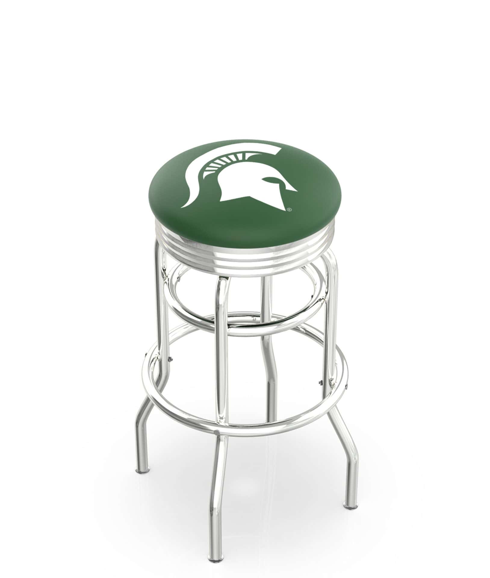 Michigan State University 25-Inch Swivel Backless Counter Stool w/ Chrome Finish, Double-Ring Base, 2.75-Inch Chrome Ribbed Ring, 2.5-Inch Cushion Seat 1 Michigan State University 25-Inch Swivel Backless Counter Stool w/ Chrome Finish, Double-Ring Base, 2.75-Inch Chrome Ribbed Ring, 2.5-Inch Cushion Seat