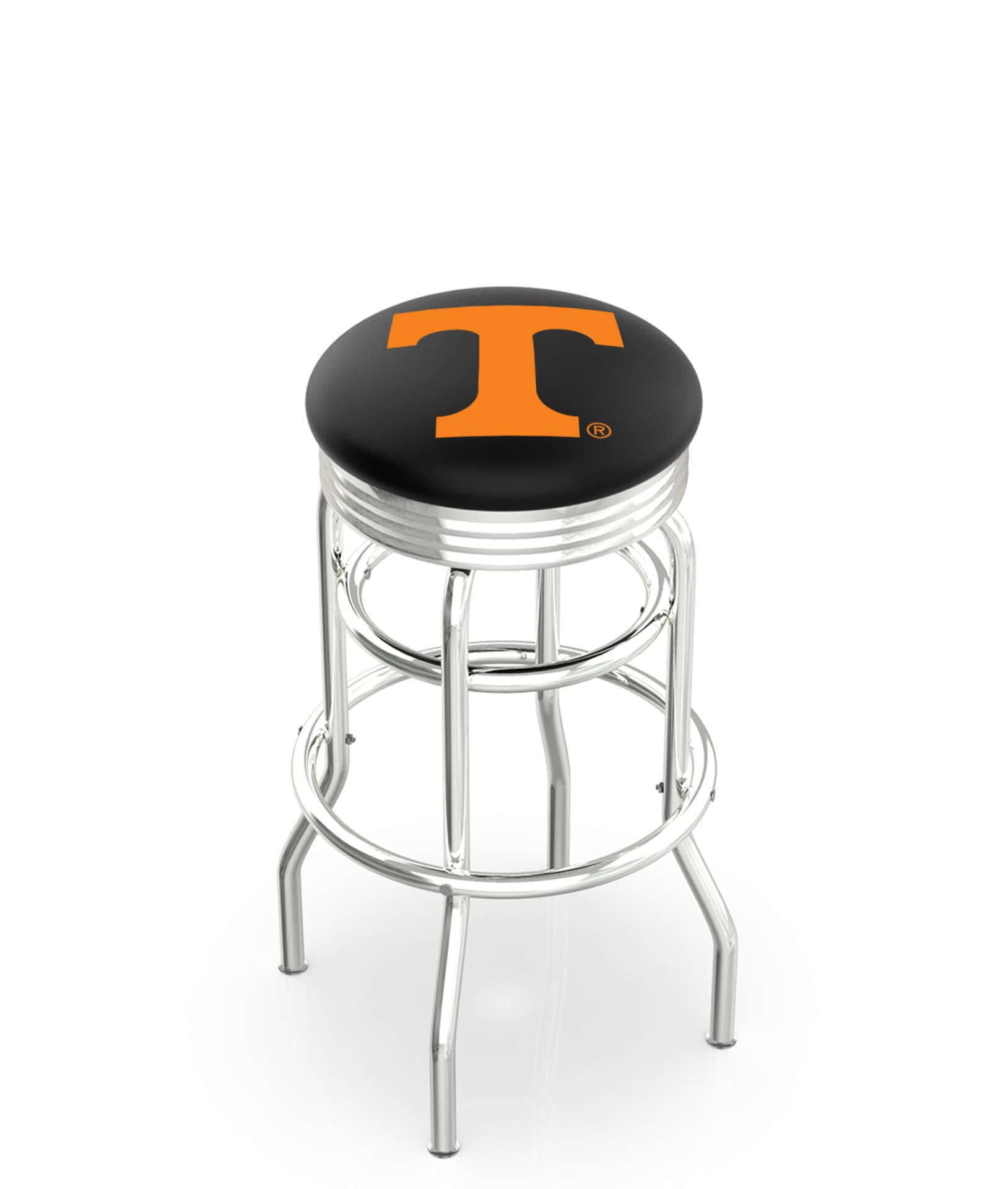 University of Tennessee 30-Inch Swivel Backless Bar Stool w/ Chrome Finish, Double-Ring Base, 2.75-Inch Chrome Ribbed Ring, 2.5-Inch Cushion Seat 1 University of Tennessee 30-Inch Swivel Backless Bar Stool w/ Chrome Finish, Double-Ring Base, 2.75-Inch Chrome Ribbed Ring, 2.5-Inch Cushion Seat