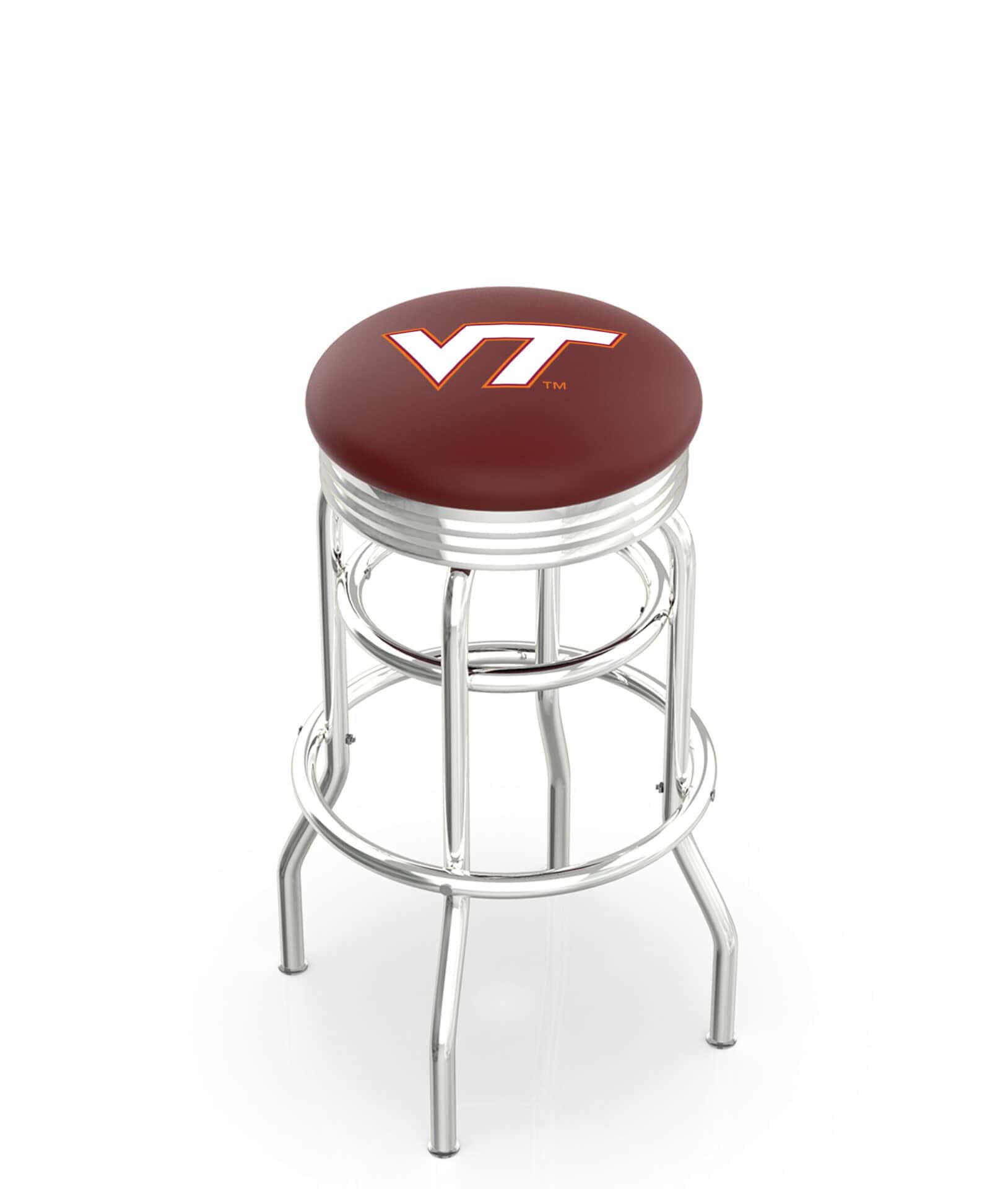 Virginia Tech University 25-Inch Swivel Backless Counter Stool w/ Chrome Finish, Double-Ring Base, 2.75-Inch Chrome Ribbed Ring, 2.5-Inch Cushion Seat 1 Virginia Tech University 25-Inch Swivel Backless Counter Stool w/ Chrome Finish, Double-Ring Base, 2.75-Inch Chrome Ribbed Ring, 2.5-Inch Cushion Seat