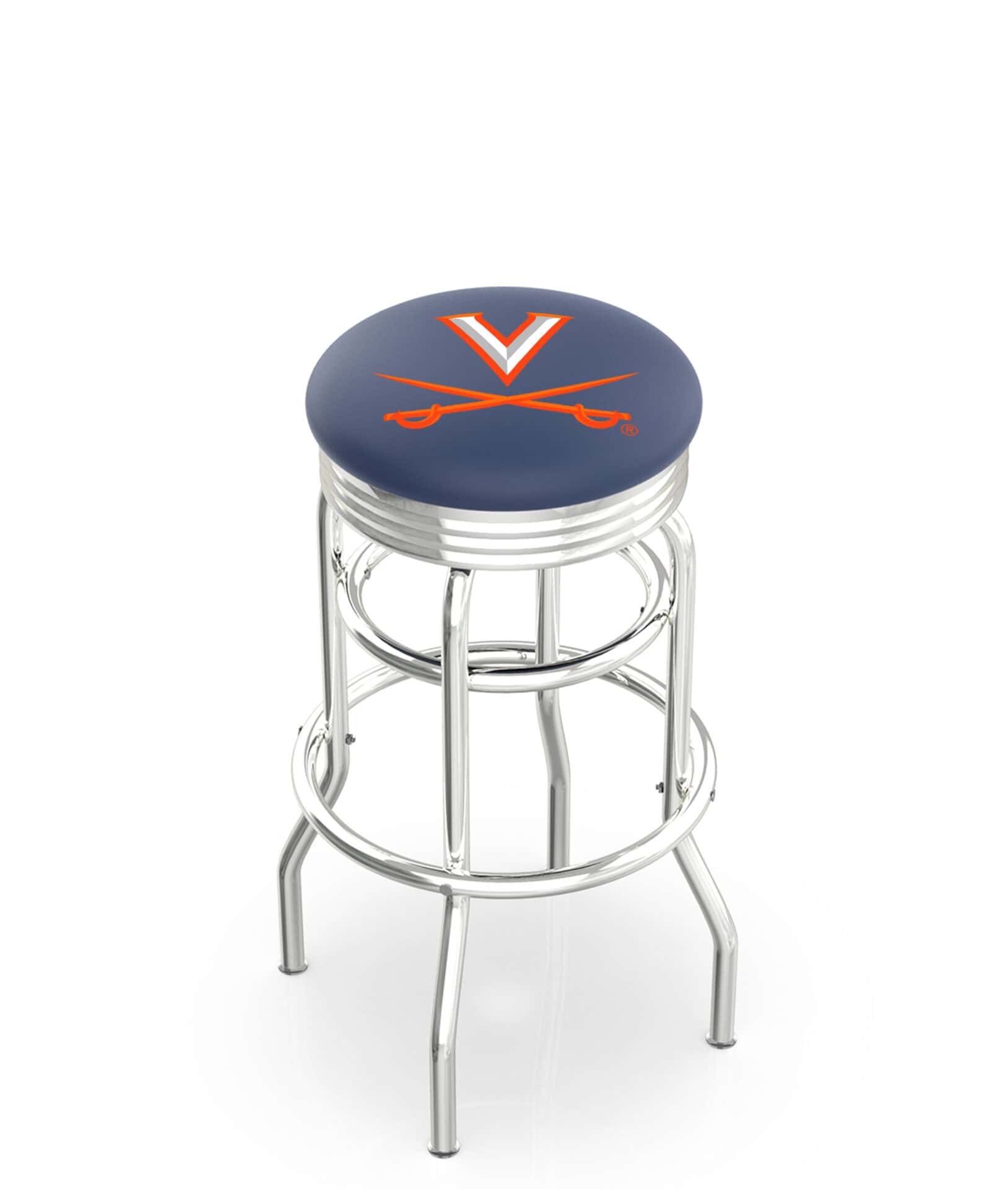 University of Virginia 25-Inch Swivel Backless Counter Stool w/ Chrome Finish, Double-Ring Base, 2.75-Inch Chrome Ribbed Ring, 2.5-Inch Cushion Seat 1 University of Virginia 25-Inch Swivel Backless Counter Stool w/ Chrome Finish, Double-Ring Base, 2.75-Inch Chrome Ribbed Ring, 2.5-Inch Cushion Seat