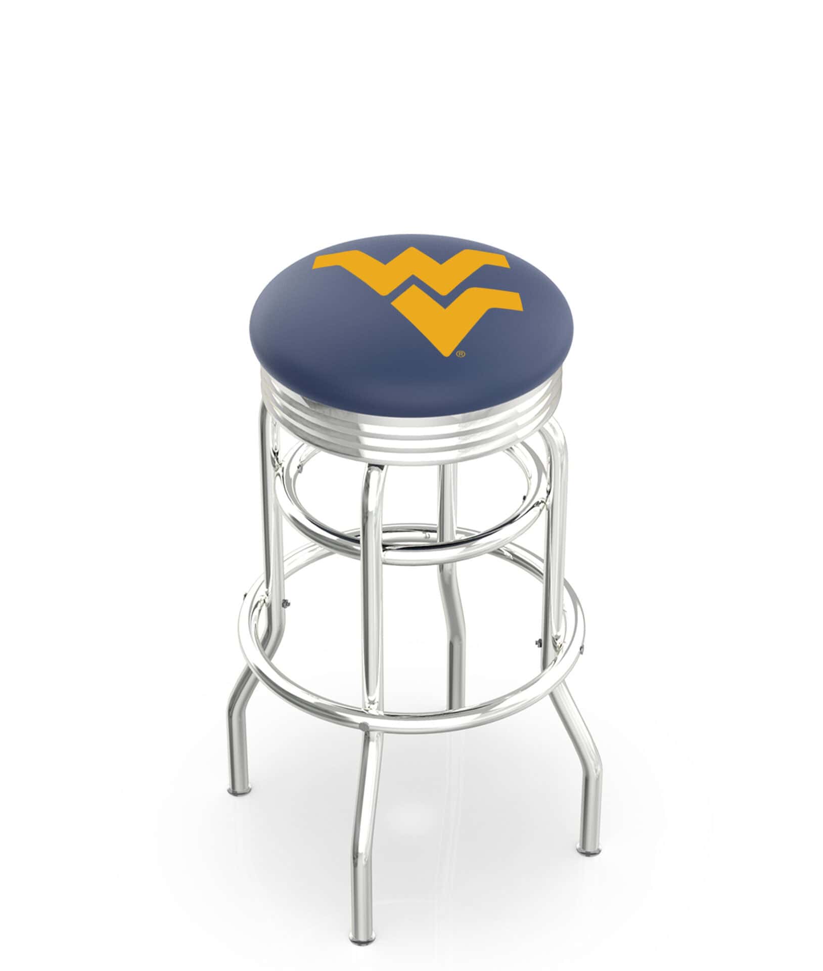 West Virginia University 25-Inch Swivel Backless Counter Stool w/ Chrome Finish, Double-Ring Base, 2.75-Inch Chrome Ribbed Ring, 2.5-Inch Cushion Seat 1 West Virginia University 25-Inch Swivel Backless Counter Stool w/ Chrome Finish, Double-Ring Base, 2.75-Inch Chrome Ribbed Ring, 2.5-Inch Cushion Seat