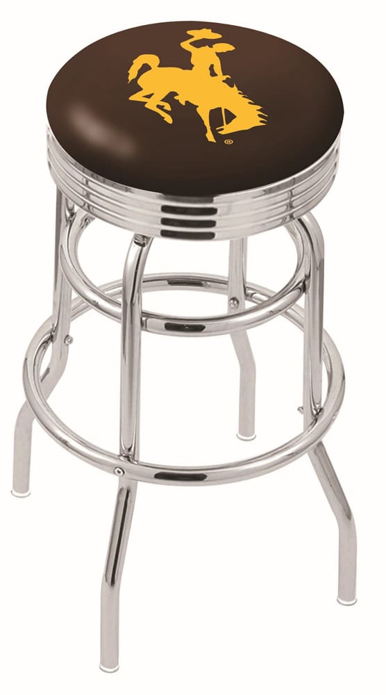 University of Wyoming 30-Inch Swivel Backless Bar Stool w/ Chrome Finish, Double-Ring Base, 2.75-Inch Chrome Ribbed Ring, 2.5-Inch Cushion Seat 1 University of Wyoming 30-Inch Swivel Backless Bar Stool w/ Chrome Finish, Double-Ring Base, 2.75-Inch Chrome Ribbed Ring, 2.5-Inch Cushion Seat