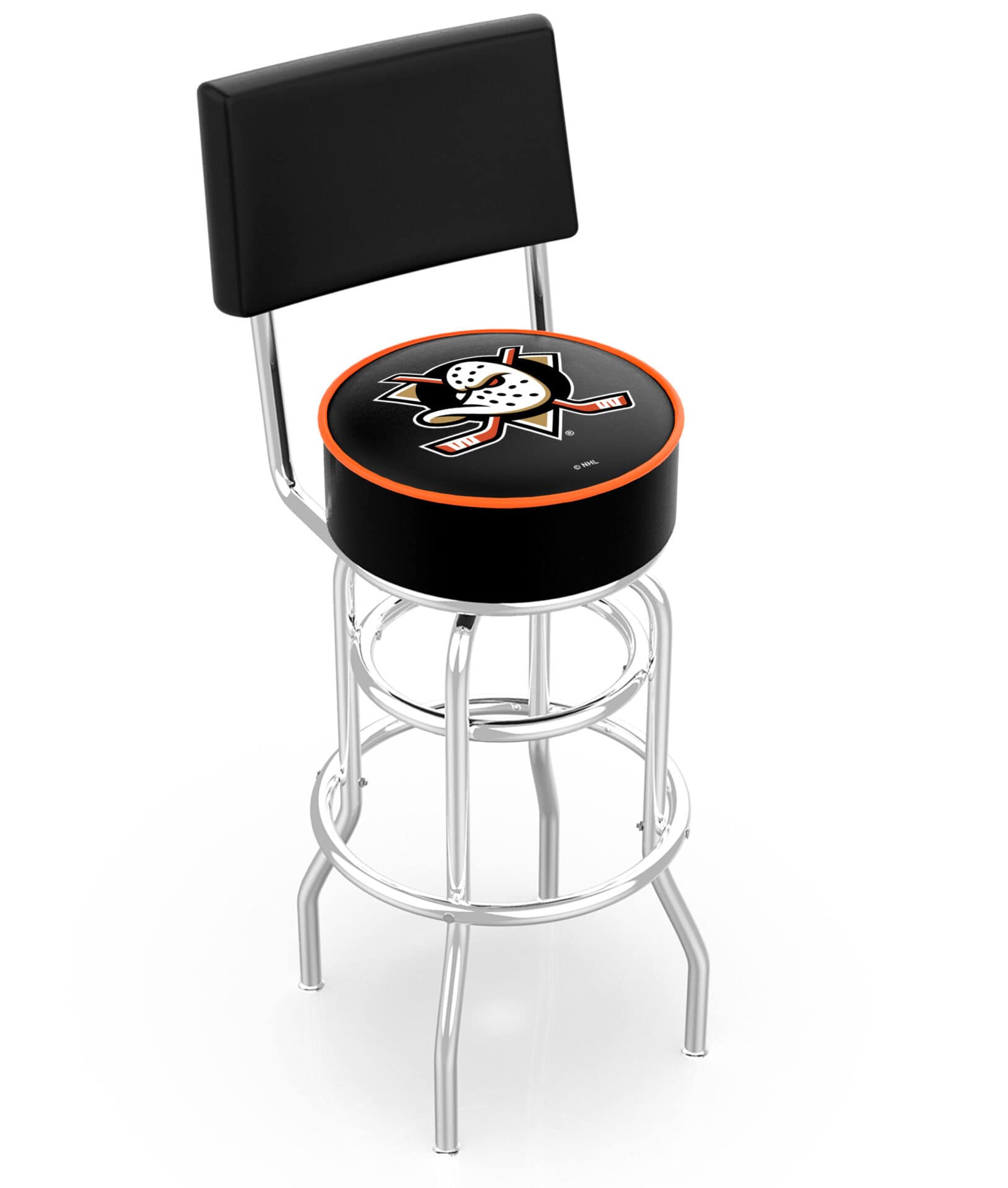 Anaheim Ducks 30-Inch Swivel Bar Stool w/ Chrome Finish, Double-Ring Base, Cushioned Back, 5-Inch Cushion Seat 1 Anaheim Ducks 30-Inch Swivel Bar Stool w/ Chrome Finish, Double-Ring Base, Cushioned Back, 5-Inch Cushion Seat