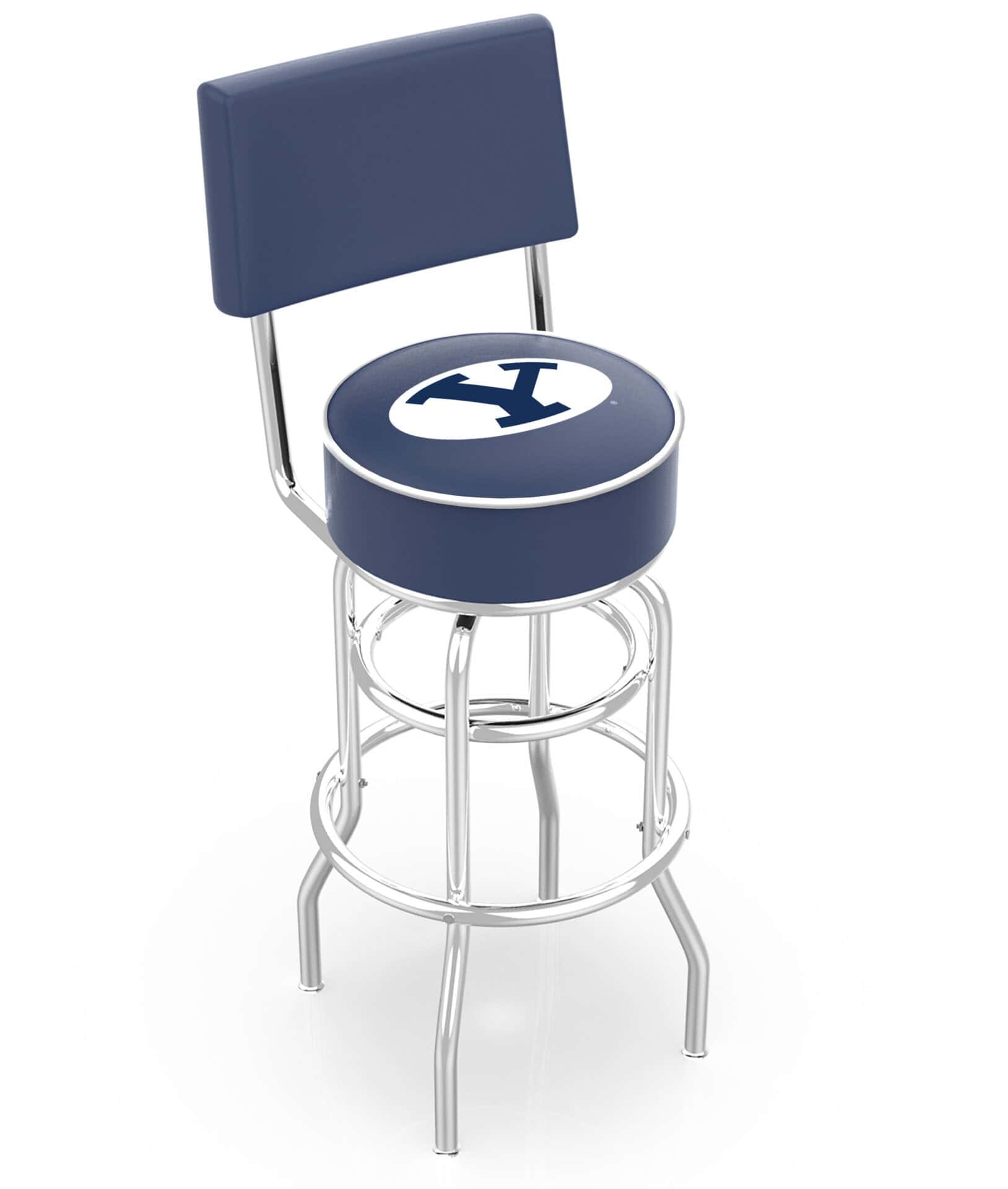 Brigham Young University 25-Inch Swivel Counter Stool w/ Chrome Finish, Double-Ring Base, Cushioned Back, 5-Inch Cushion Seat 1 Brigham Young University 25-Inch Swivel Counter Stool w/ Chrome Finish, Double-Ring Base, Cushioned Back, 5-Inch Cushion Seat