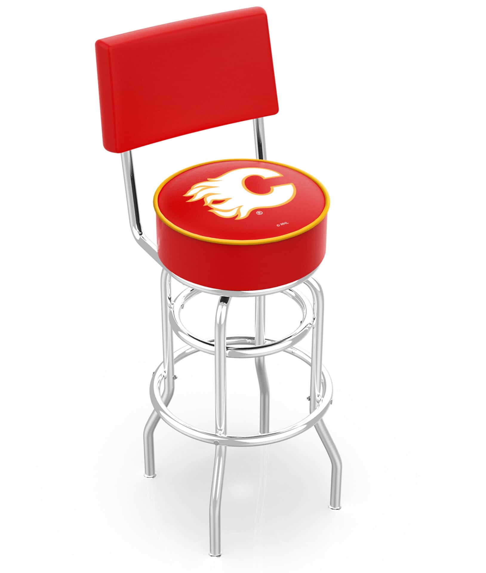 Calgary Flames 30-Inch Swivel Bar Stool w/ Chrome Finish, Double-Ring Base, Cushioned Back, 5-Inch Cushion Seat 1 Calgary Flames 30-Inch Swivel Bar Stool w/ Chrome Finish, Double-Ring Base, Cushioned Back, 5-Inch Cushion Seat