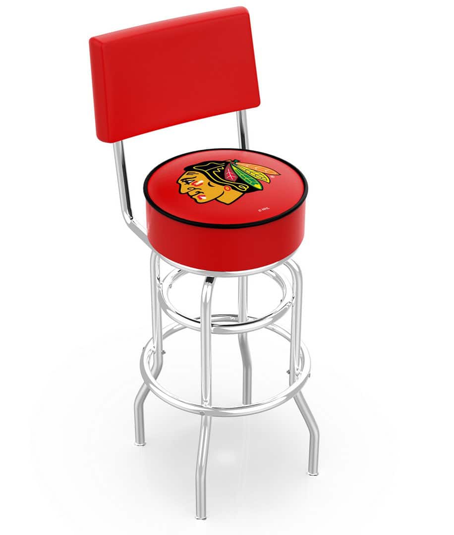 Chicago Blackhawks 30-Inch Swivel Bar Stool w/ Chrome Finish, Double-Ring Base, Cushioned Back, 5-Inch Cushion Seat 1 Chicago Blackhawks 30-Inch Swivel Bar Stool w/ Chrome Finish, Double-Ring Base, Cushioned Back, 5-Inch Cushion Seat
