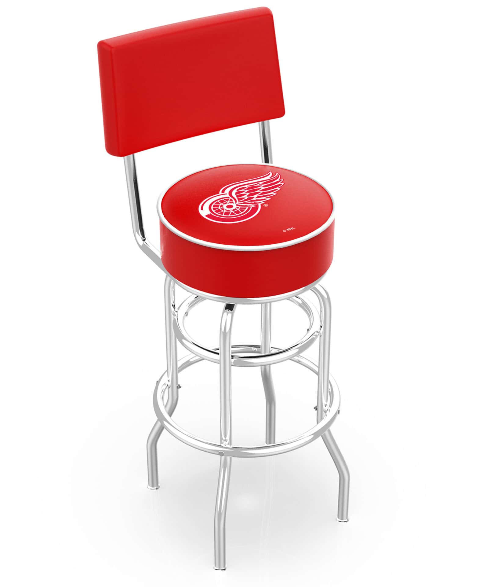 Detroit Red Wings 30-Inch Swivel Bar Stool w/ Chrome Finish, Double-Ring Base, Cushioned Back, 5-Inch Cushion Seat 1 Detroit Red Wings 30-Inch Swivel Bar Stool w/ Chrome Finish, Double-Ring Base, Cushioned Back, 5-Inch Cushion Seat