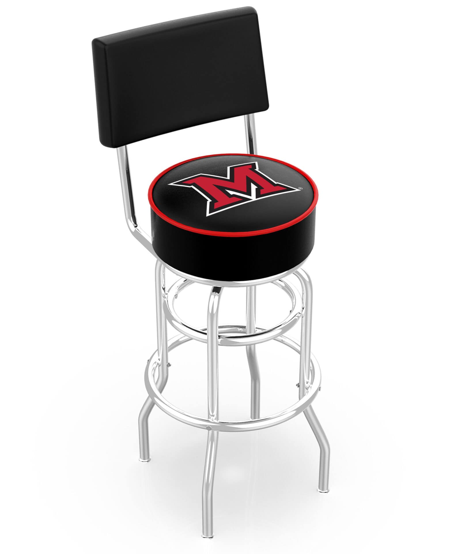 Miami University (OH) 30-Inch Swivel Bar Stool w/ Chrome Finish, Double-Ring Base, Cushioned Back, 5-Inch Cushion Seat 1 Miami University (OH) 30-Inch Swivel Bar Stool w/ Chrome Finish, Double-Ring Base, Cushioned Back, 5-Inch Cushion Seat