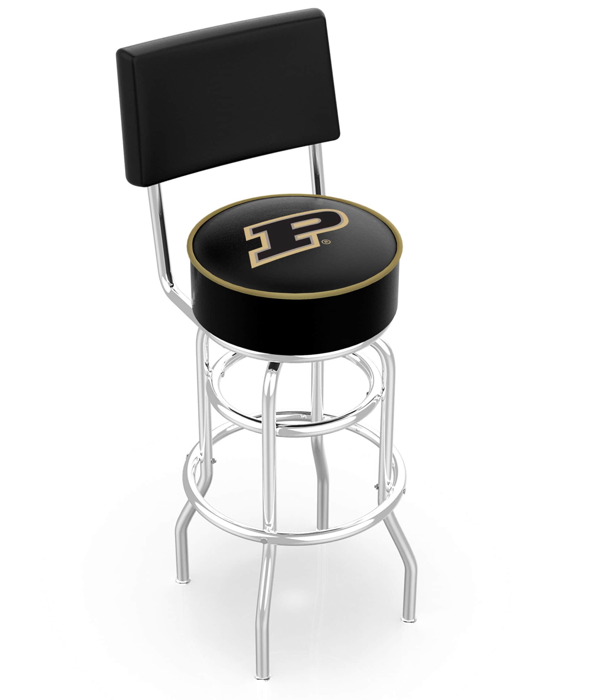 Purdue University 25-Inch Swivel Counter Stool w/ Chrome Finish, Double-Ring Base, Cushioned Back, 5-Inch Cushion Seat