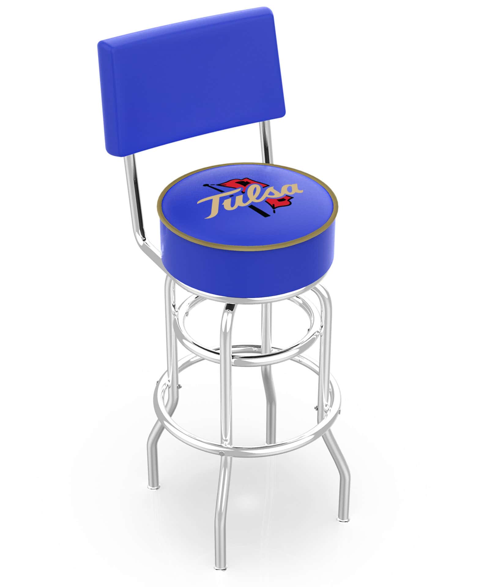 University of Tulsa 25-Inch Swivel Counter Stool w/ Chrome Finish, Double-Ring Base, Cushioned Back, 5-Inch Cushion Seat 1 University of Tulsa 25-Inch Swivel Counter Stool w/ Chrome Finish, Double-Ring Base, Cushioned Back, 5-Inch Cushion Seat