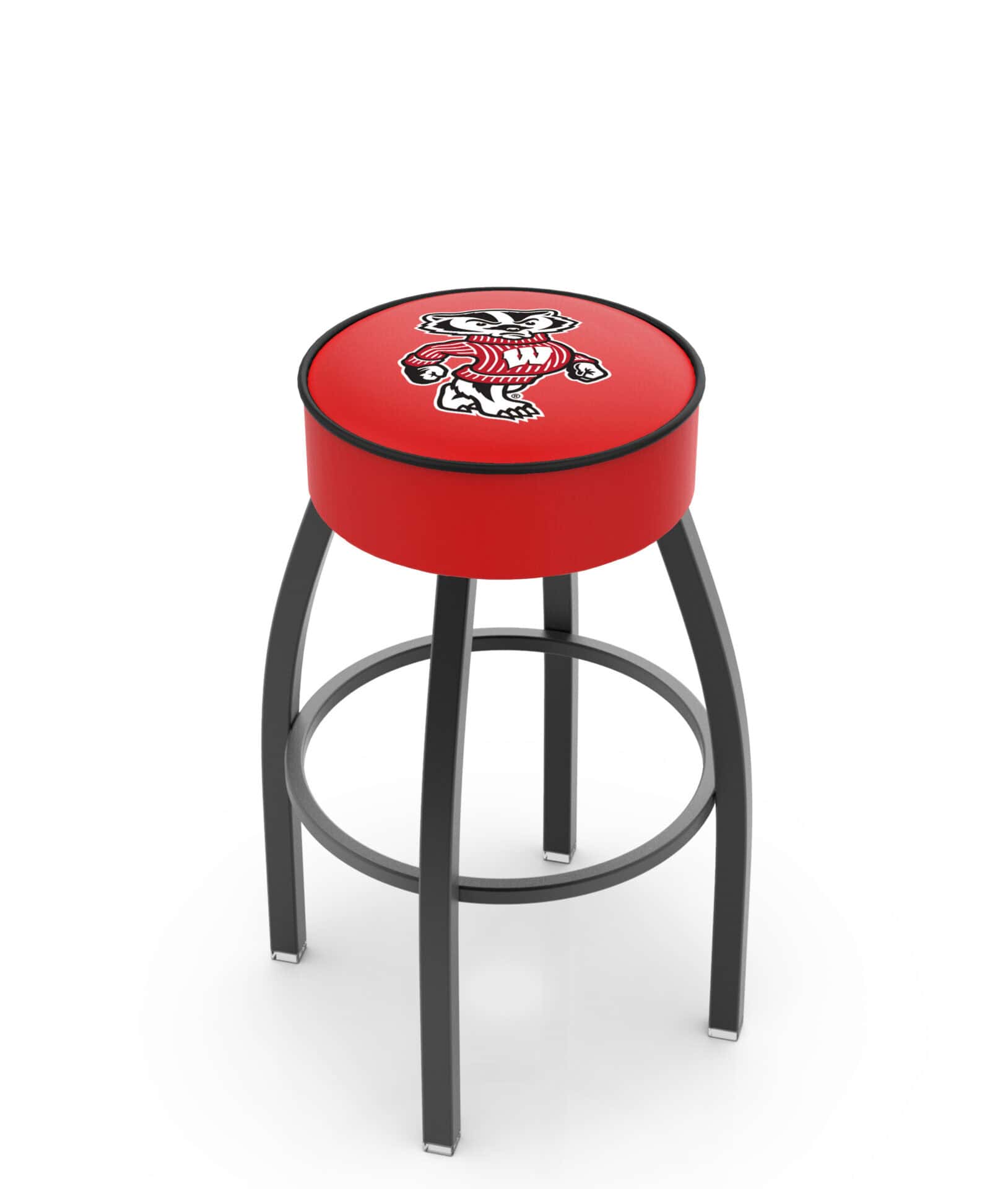 University of Wisconsin 25-Inch Swivel Backless Counter Stool w/ Black Wrinkle Finish, Single-Ring Base, 5-Inch Scooped Cushion Seat (Badger Logo) 1 University of Wisconsin 25-Inch Swivel Backless Counter Stool w/ Black Wrinkle Finish, Single-Ring Base, 5-Inch Scooped Cushion Seat (Badger Logo)
