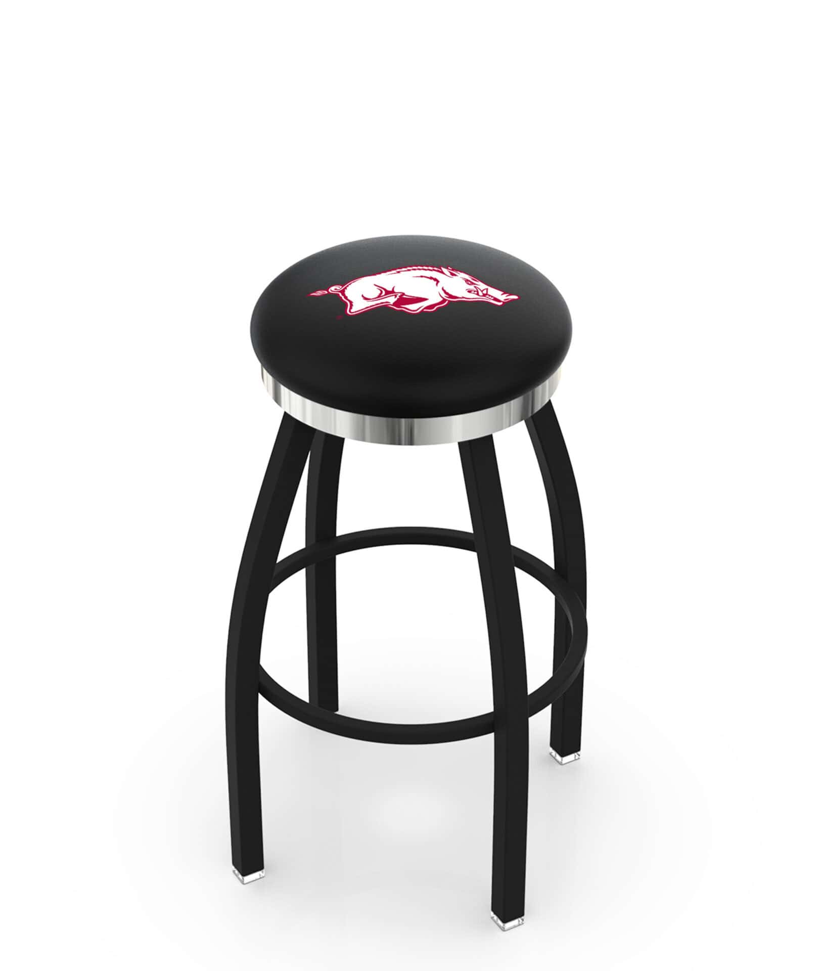 University of Arkansas 36-Inch Swivel Backless Extra Tall Bar Stool w/ Black Wrinkle Finish, Single-Ring Base, 2-Inch Chrome Ring, 2.5-Inch Cushion Seat 1 University of Arkansas 36-Inch Swivel Backless Extra Tall Bar Stool w/ Black Wrinkle Finish, Single-Ring Base, 2-Inch Chrome Ring, 2.5-Inch Cushion Seat