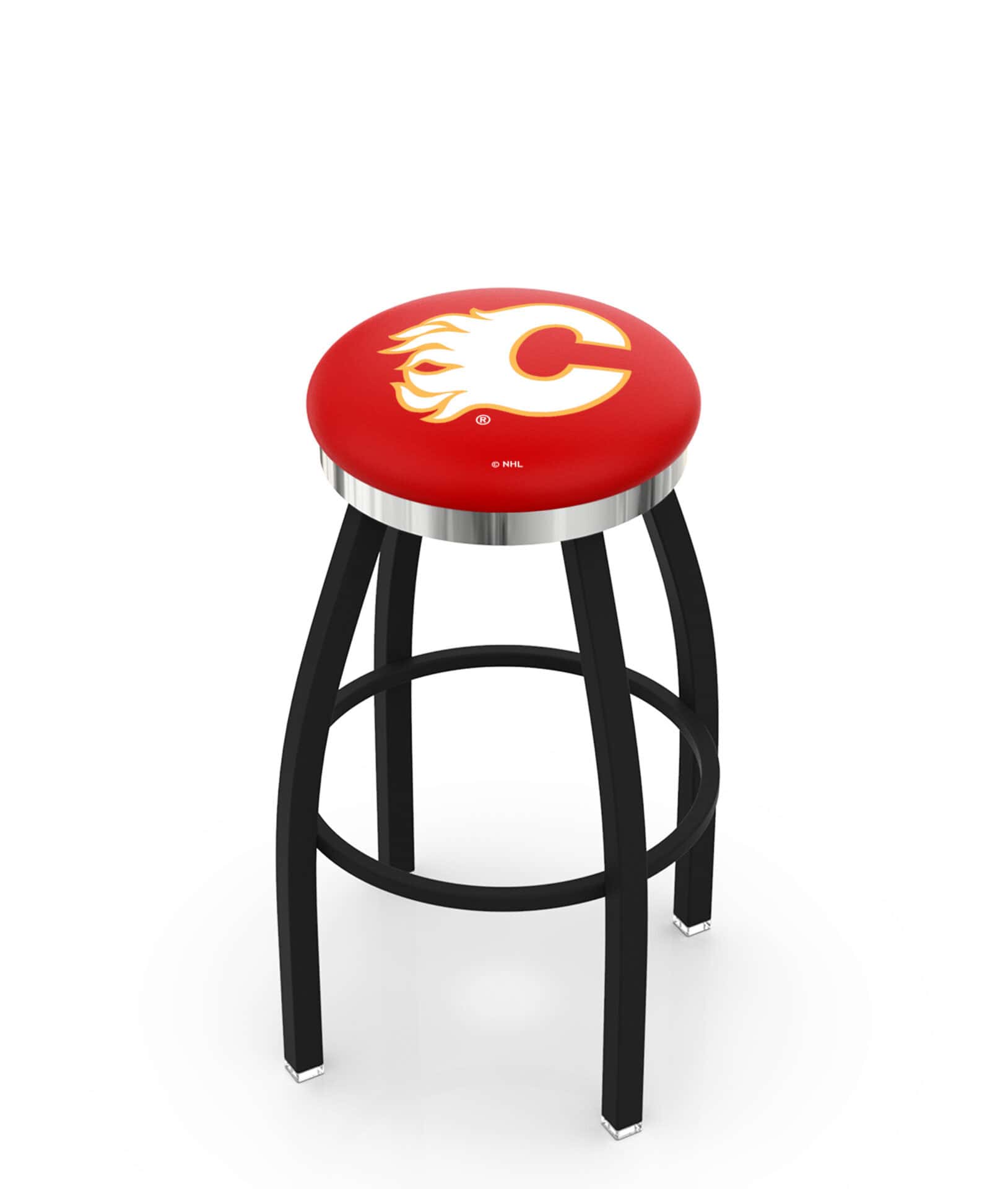 Calgary Flames 36-Inch Swivel Backless Extra Tall Bar Stool w/ Black Wrinkle Finish, Single-Ring Base, 2-Inch Chrome Ring, 2.5-Inch Cushion Seat 1 Calgary Flames 36-Inch Swivel Backless Extra Tall Bar Stool w/ Black Wrinkle Finish, Single-Ring Base, 2-Inch Chrome Ring, 2.5-Inch Cushion Seat