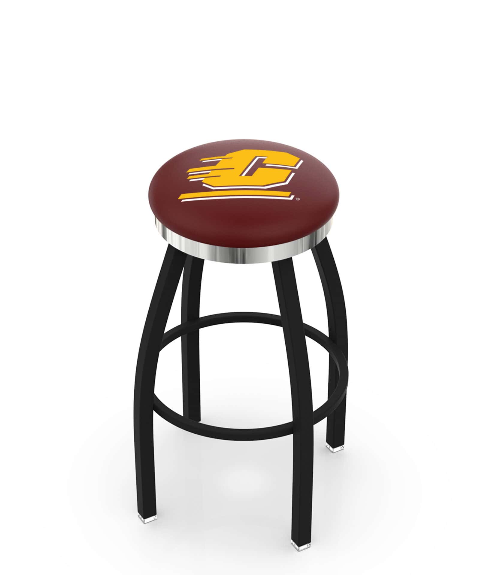 Central Michigan University 30-Inch Swivel Backless Bar Stool w/ Black Wrinkle Finish, Single-Ring Base, 2-Inch Chrome Ring, 2.5-Inch Cushion Seat 1 Central Michigan University 30-Inch Swivel Backless Bar Stool w/ Black Wrinkle Finish, Single-Ring Base, 2-Inch Chrome Ring, 2.5-Inch Cushion Seat