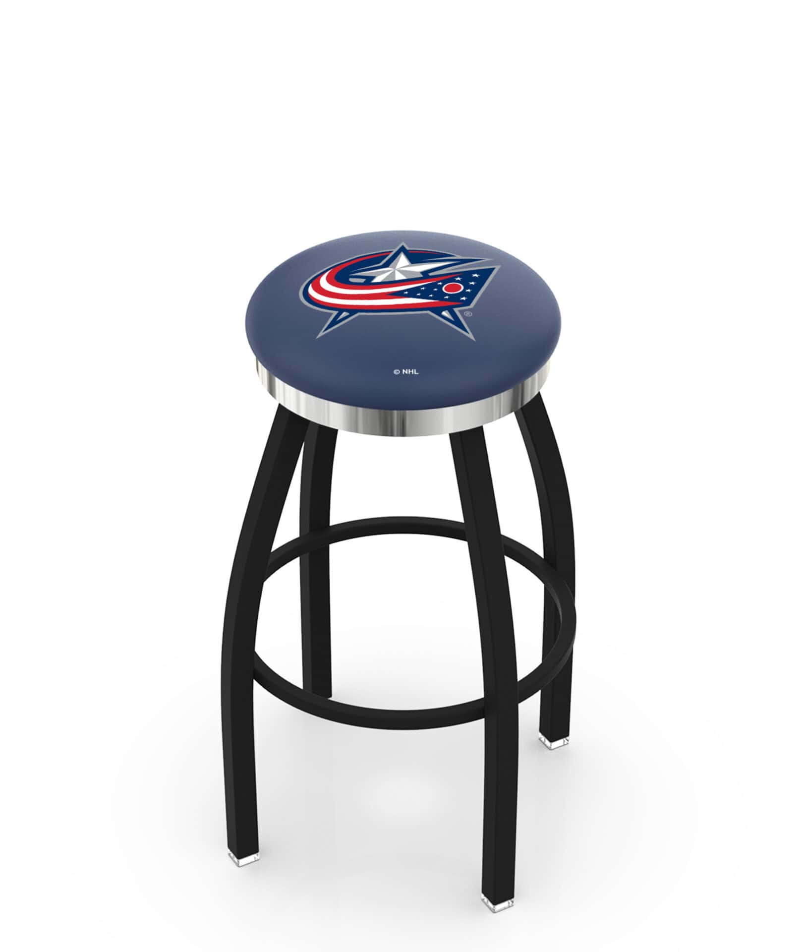 Columbus Blue Jackets 36-Inch Swivel Backless Extra Tall Bar Stool w/ Black Wrinkle Finish, Single-Ring Base, 2-Inch Chrome Ring, 2.5-Inch Cushion Seat 1 Columbus Blue Jackets 36-Inch Swivel Backless Extra Tall Bar Stool w/ Black Wrinkle Finish, Single-Ring Base, 2-Inch Chrome Ring, 2.5-Inch Cushion Seat