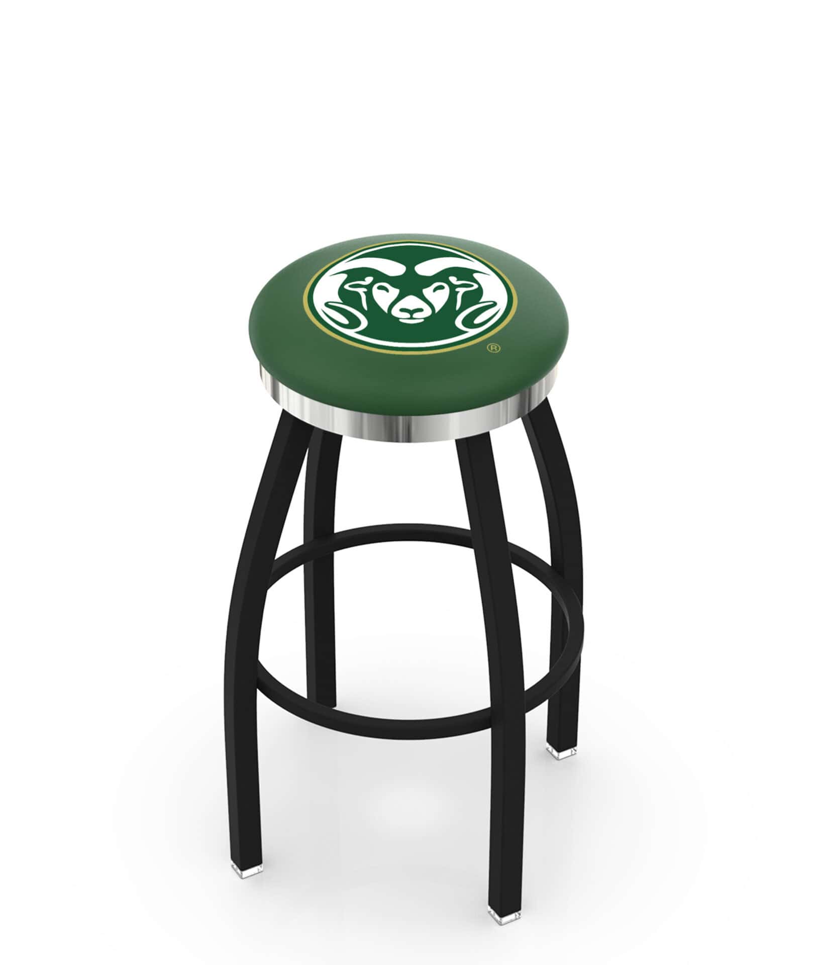 Colorado State University 36-Inch Swivel Backless Extra Tall Bar Stool w/ Black Wrinkle Finish, Single-Ring Base, 2-Inch Chrome Ring, 2.5-Inch Cushion Seat 1 Colorado State University 36-Inch Swivel Backless Extra Tall Bar Stool w/ Black Wrinkle Finish, Single-Ring Base, 2-Inch Chrome Ring, 2.5-Inch Cushion Seat