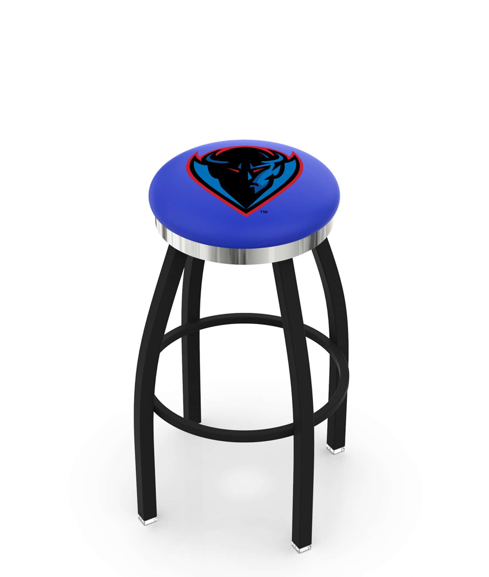 DePaul University 36-Inch Swivel Backless Extra Tall Bar Stool w/ Black Wrinkle Finish, Single-Ring Base, 2-Inch Chrome Ring, 2.5-Inch Cushion Seat 1 DePaul University 36-Inch Swivel Backless Extra Tall Bar Stool w/ Black Wrinkle Finish, Single-Ring Base, 2-Inch Chrome Ring, 2.5-Inch Cushion Seat