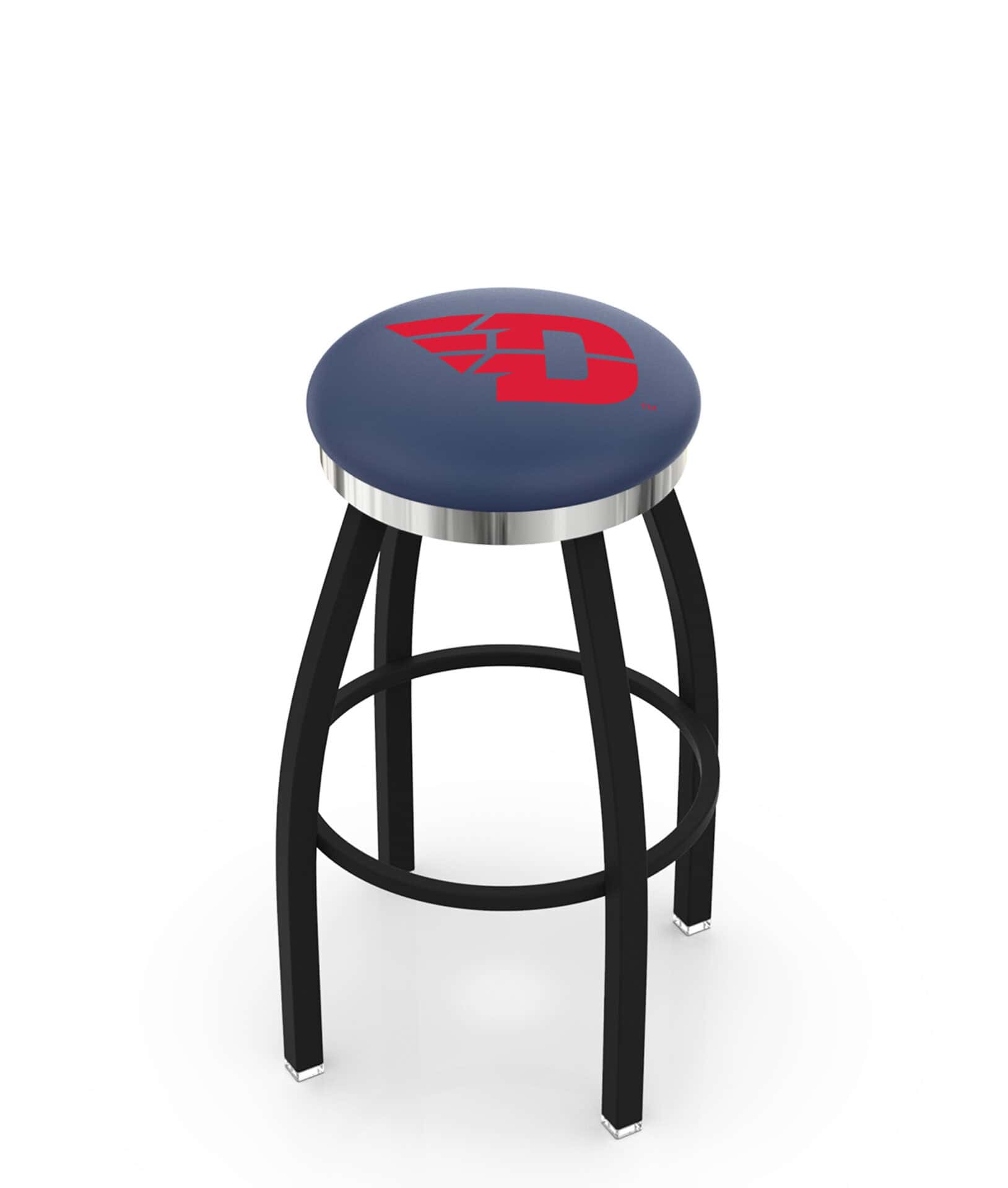 University of Dayton 36-Inch Swivel Backless Extra Tall Bar Stool w/ Black Wrinkle Finish, Single-Ring Base, 2-Inch Chrome Ring, 2.5-Inch Cushion Seat 1 University of Dayton 36-Inch Swivel Backless Extra Tall Bar Stool w/ Black Wrinkle Finish, Single-Ring Base, 2-Inch Chrome Ring, 2.5-Inch Cushion Seat
